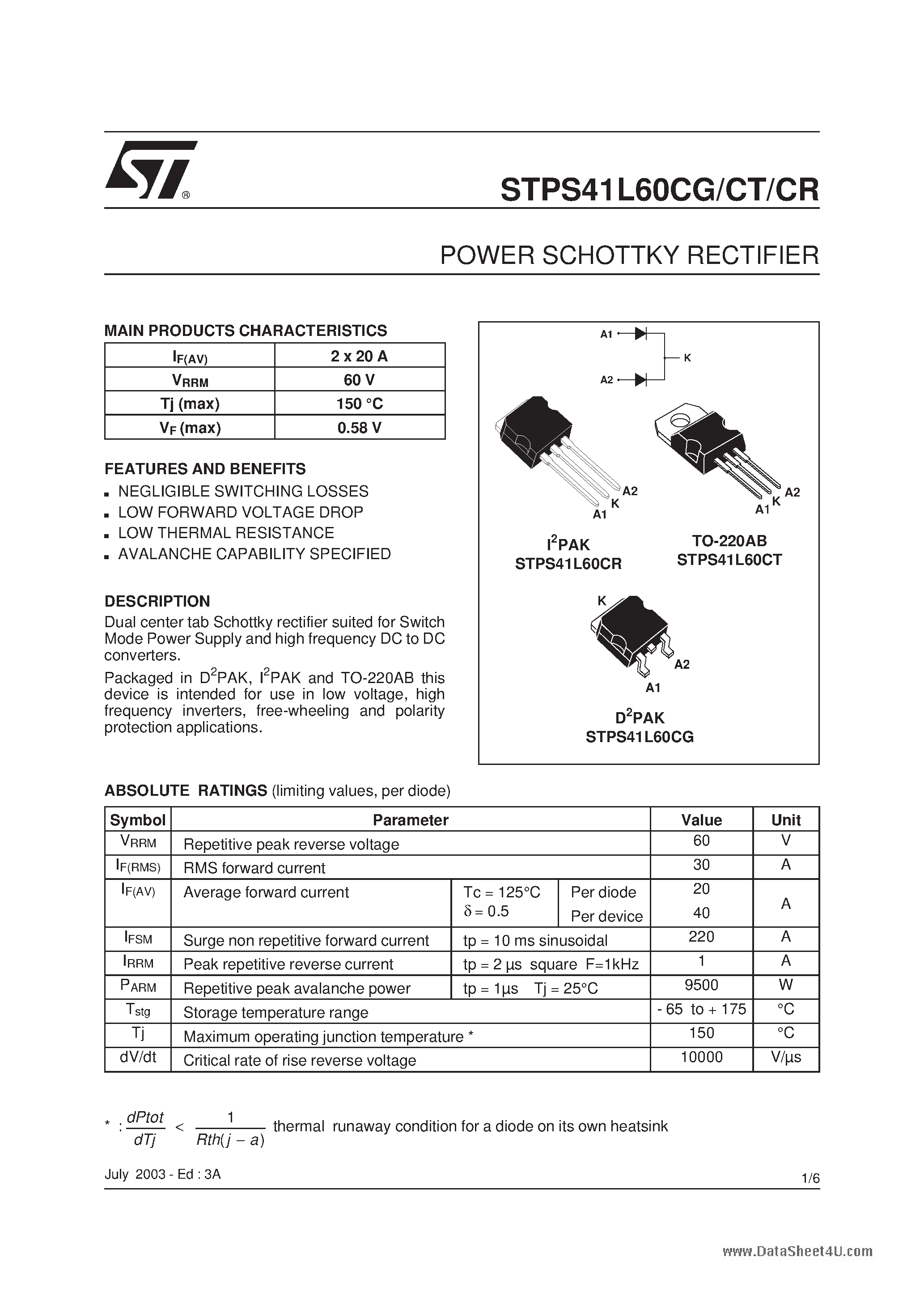 Datasheet STPS41L60CG - (STPS41L60Cx) POWER SCHOTTKY RECTIFIER page 1