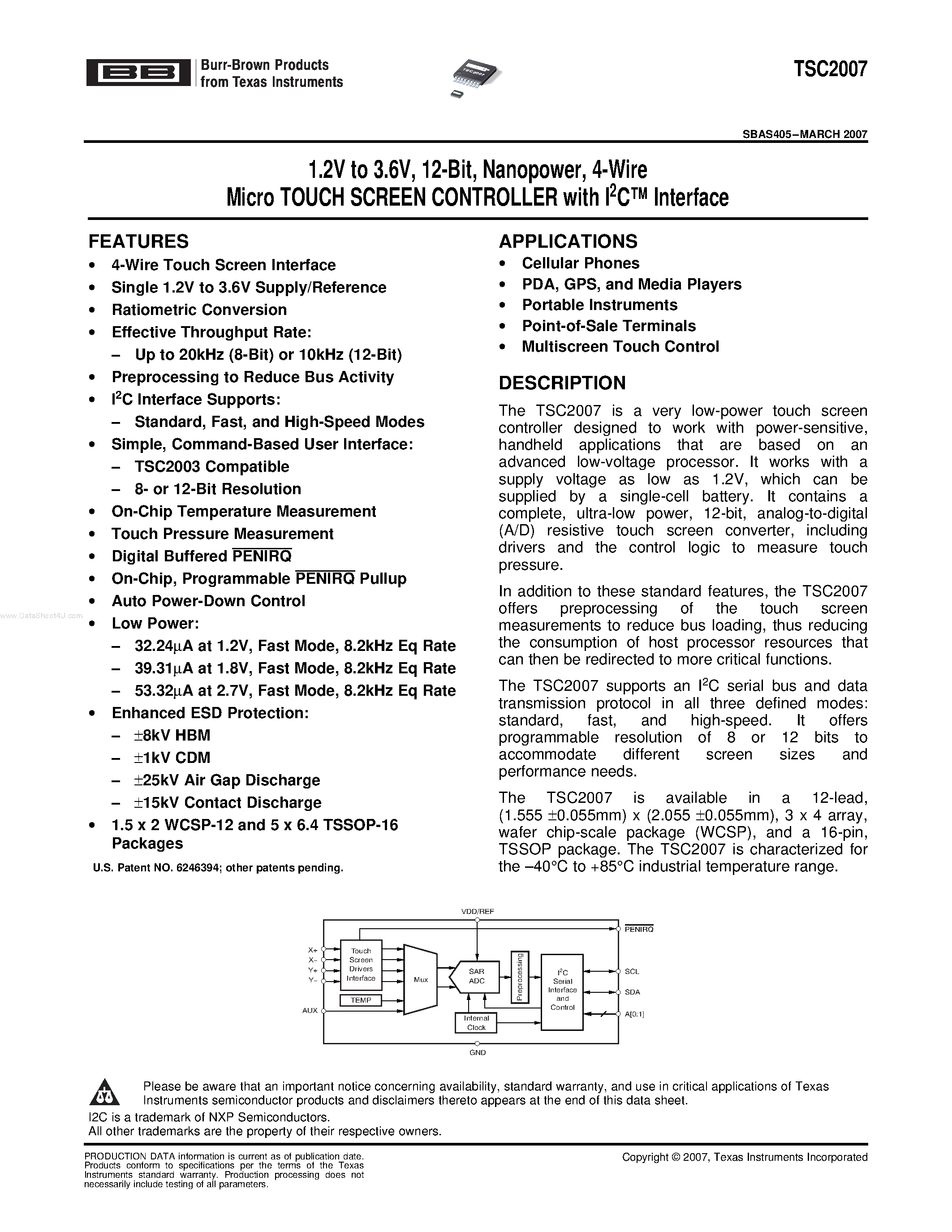 Datasheet TSC2007 - 4-Wire Micro TOUCH SCREEN CONTROLLER page 1