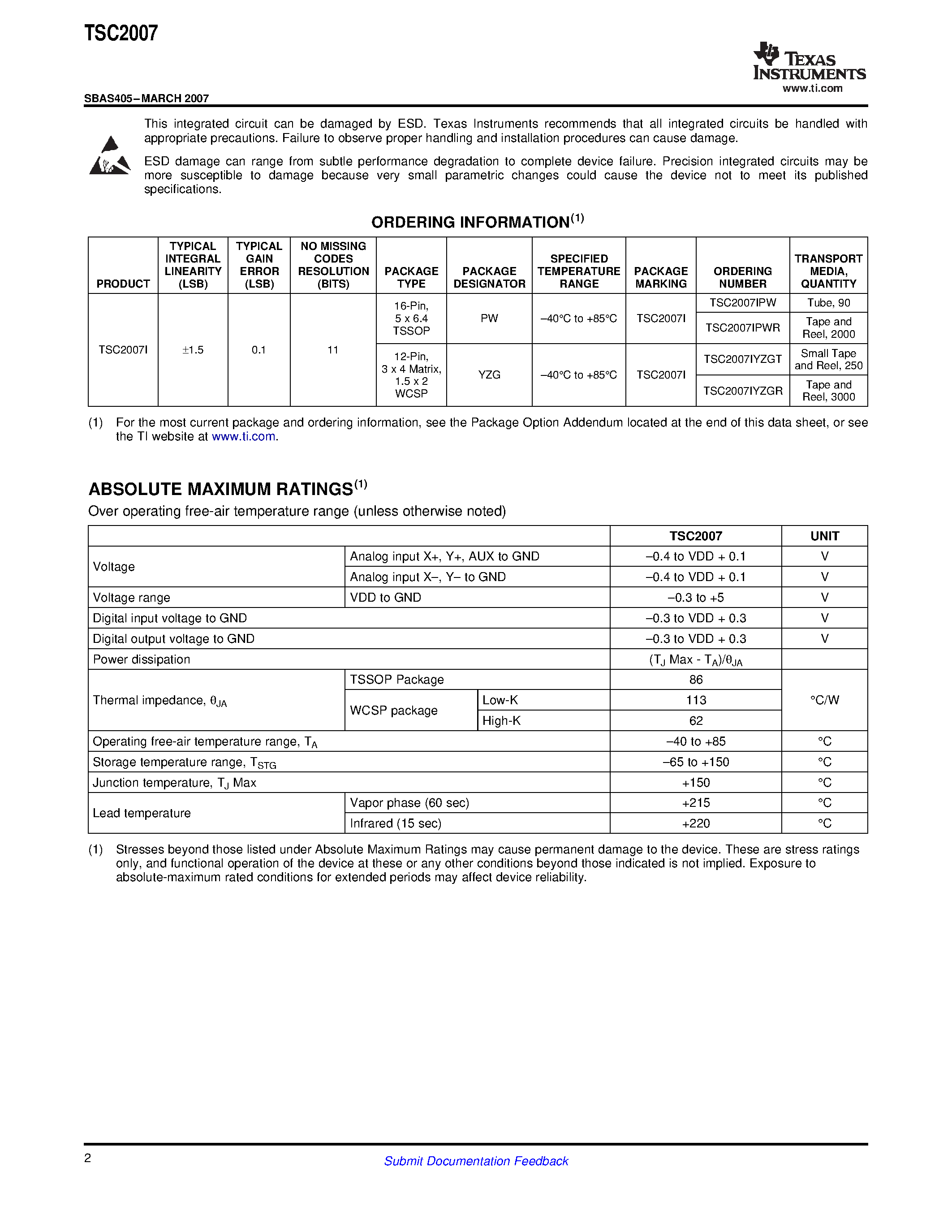 Datasheet TSC2007 - 4-Wire Micro TOUCH SCREEN CONTROLLER page 2