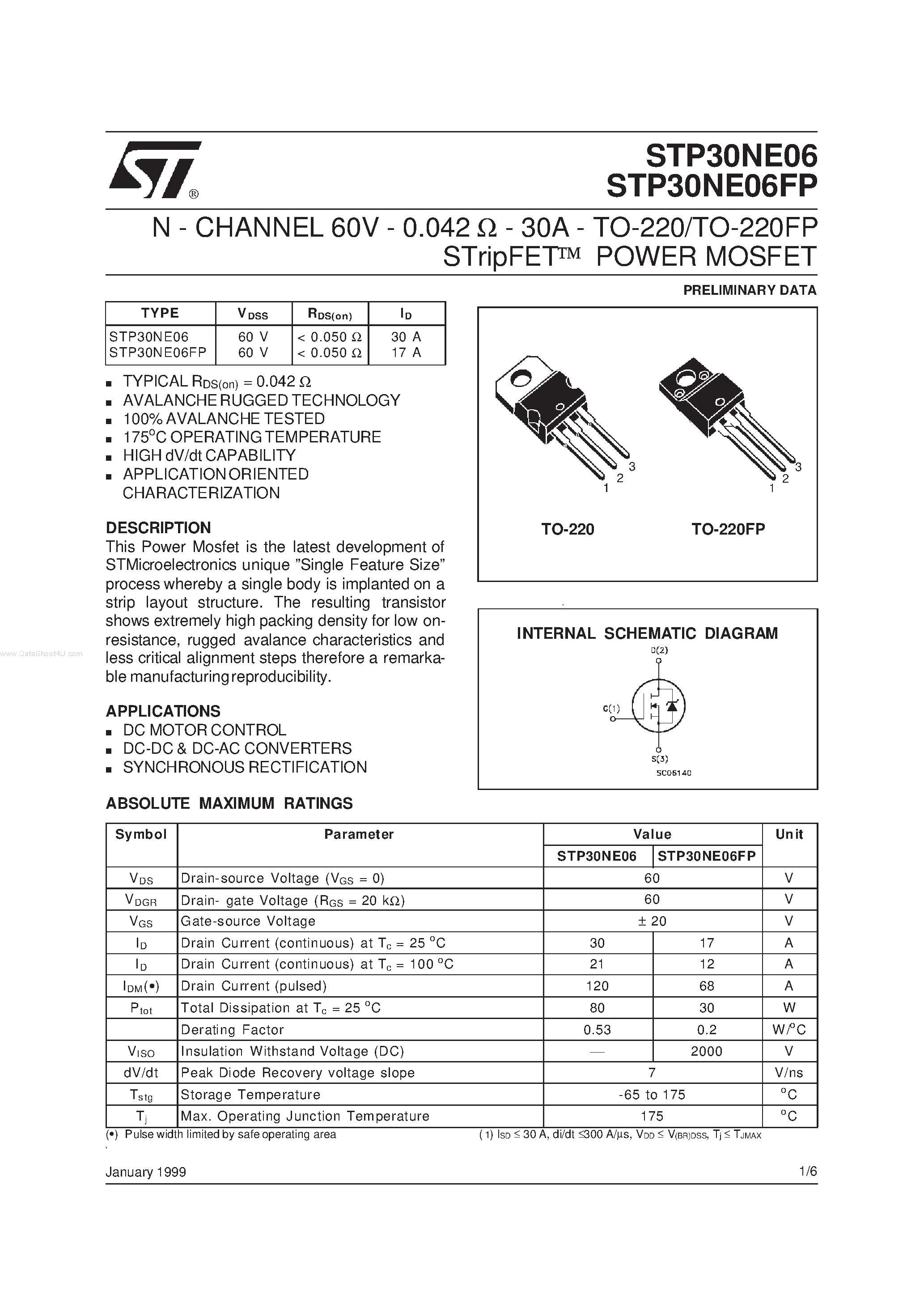 Даташит STP30NE06 - N-CHANNEL Power MOSFET страница 1