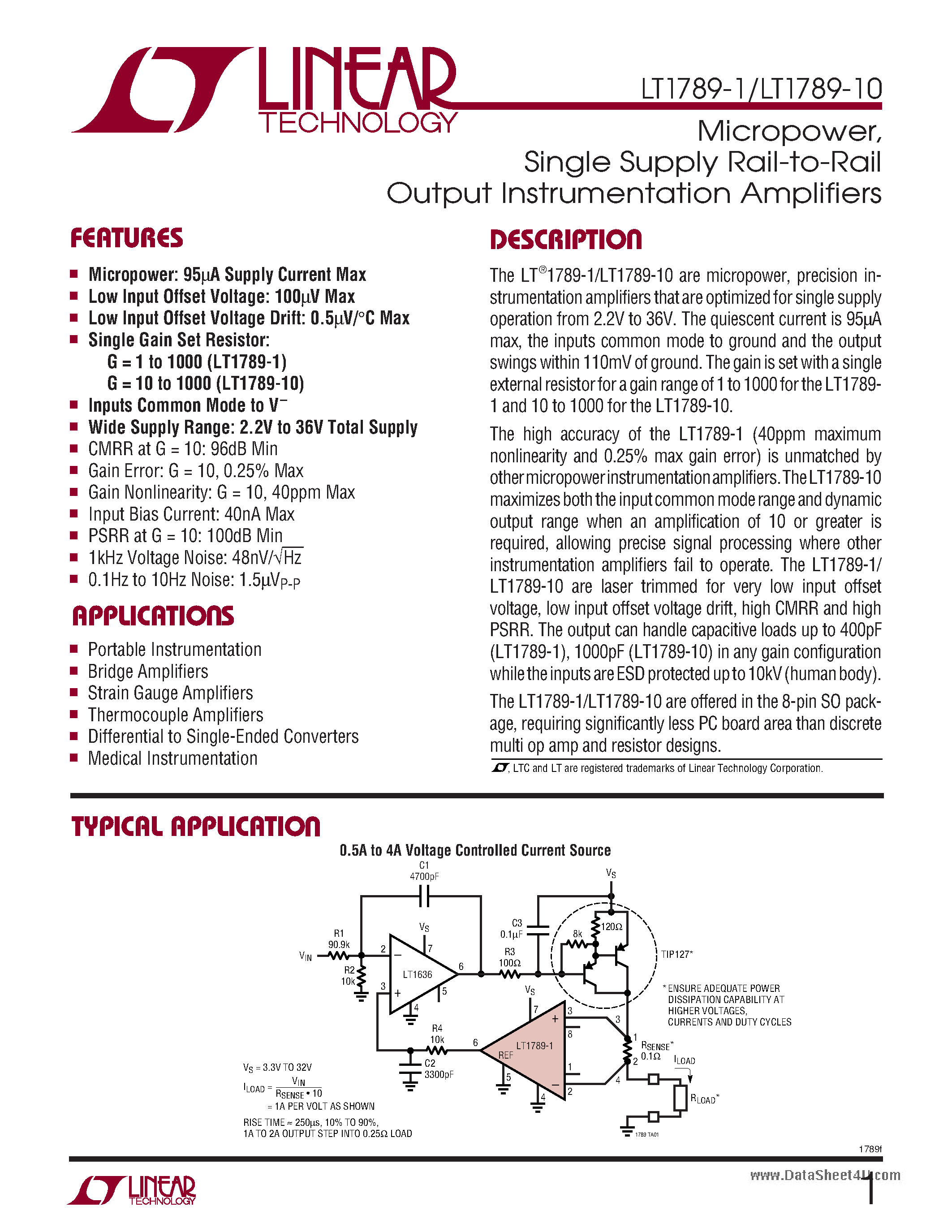 Даташит LT1789-1 - (LT1789-1/-10) Single Supply Rail-to-Rail Output Instrumentation Amplifiers страница 1