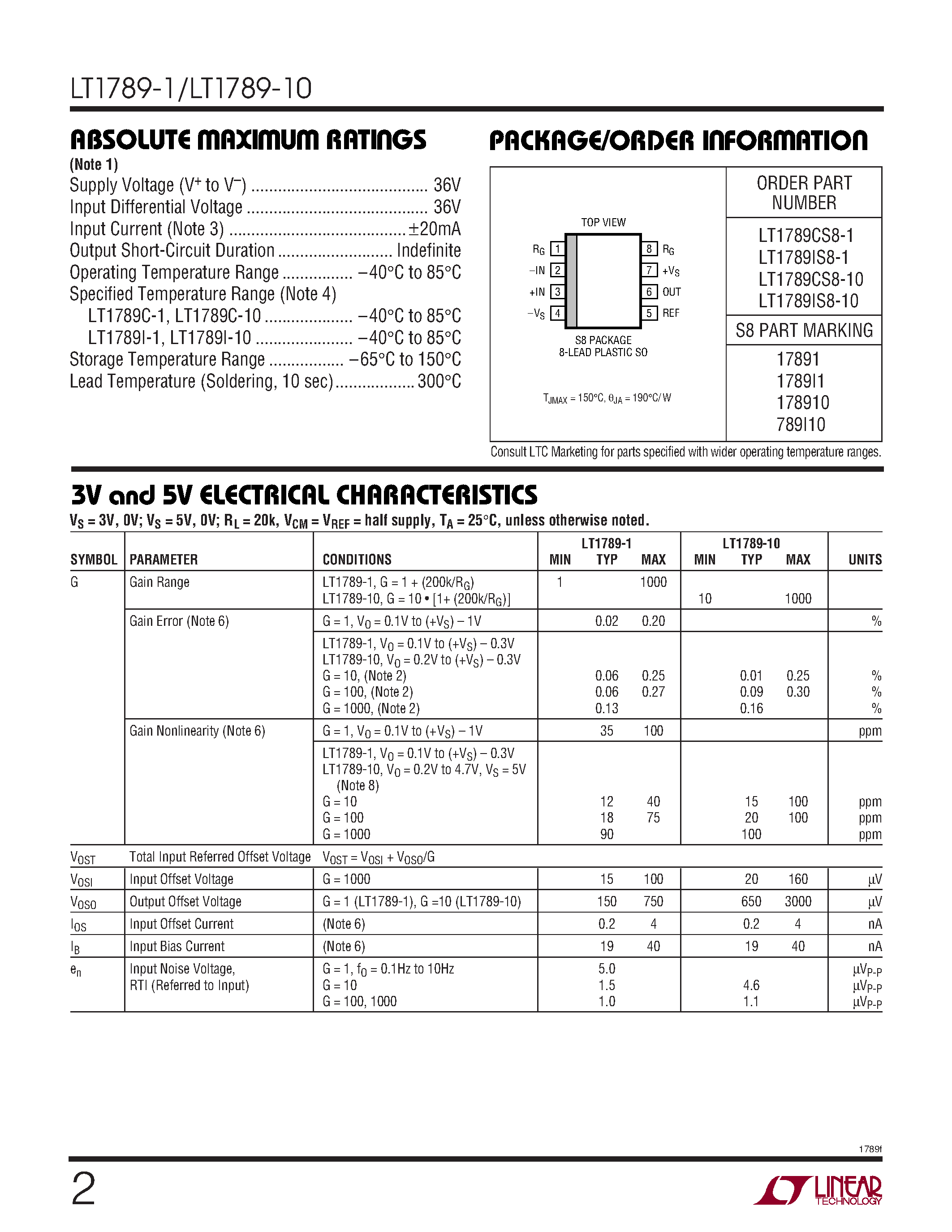 Даташит LT1789-1 - (LT1789-1/-10) Single Supply Rail-to-Rail Output Instrumentation Amplifiers страница 2