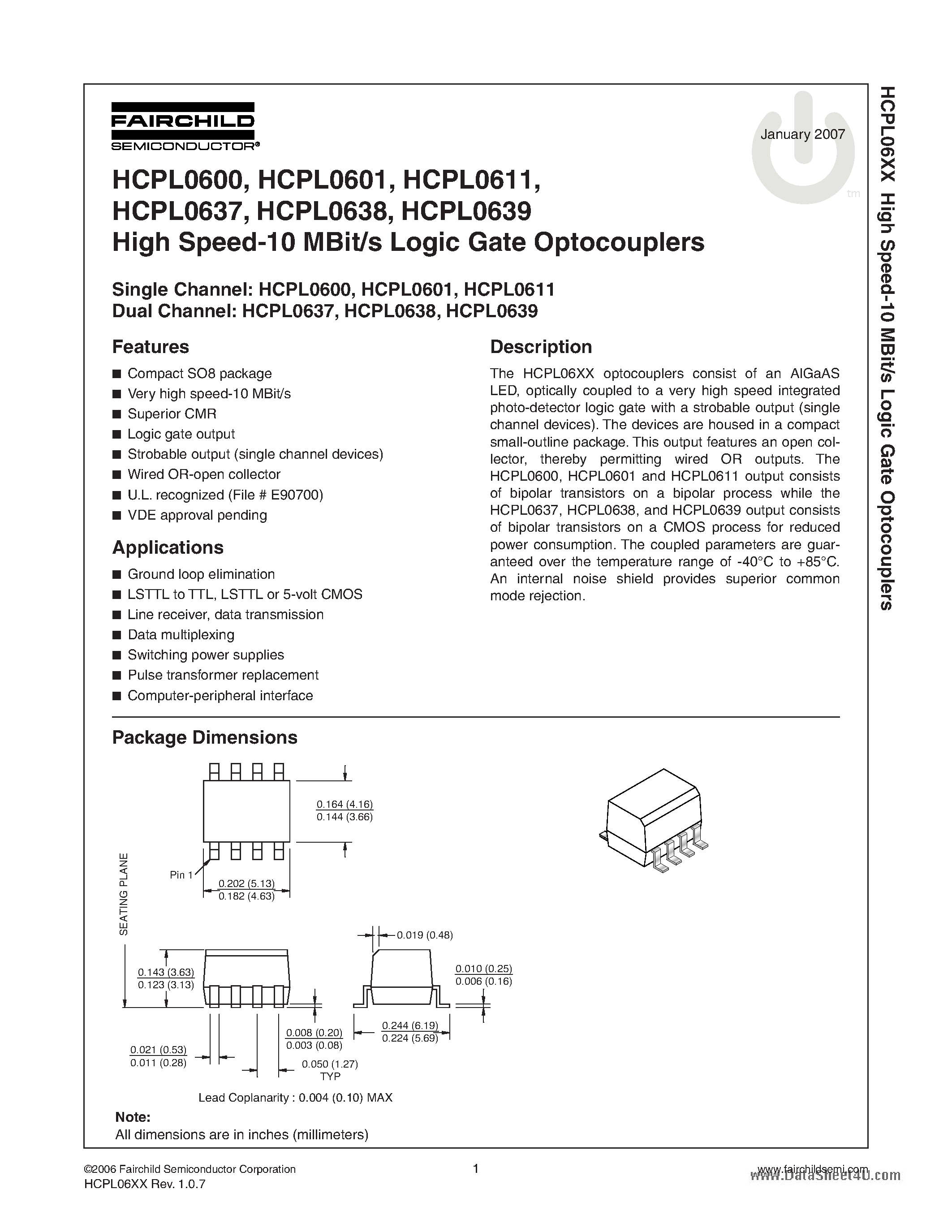 Datasheet HCPL0611 - (HCPL0611 - HCPL0639) High Speed-10 MBit/s Logic Gate Optocouplers page 1