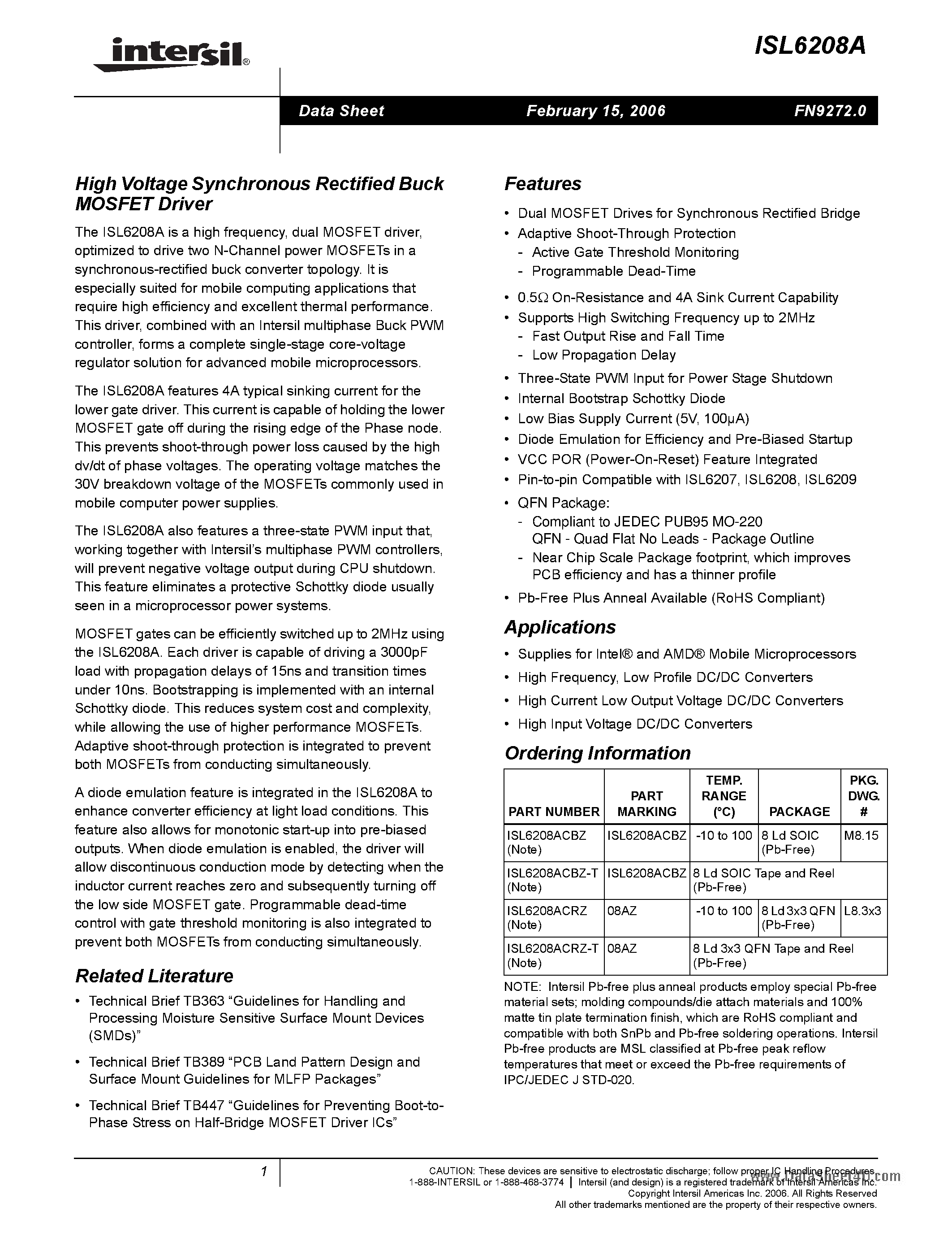 Datasheet ISL6208A - High Voltage Synchronous Rectified Buck MOSFET Driver page 1