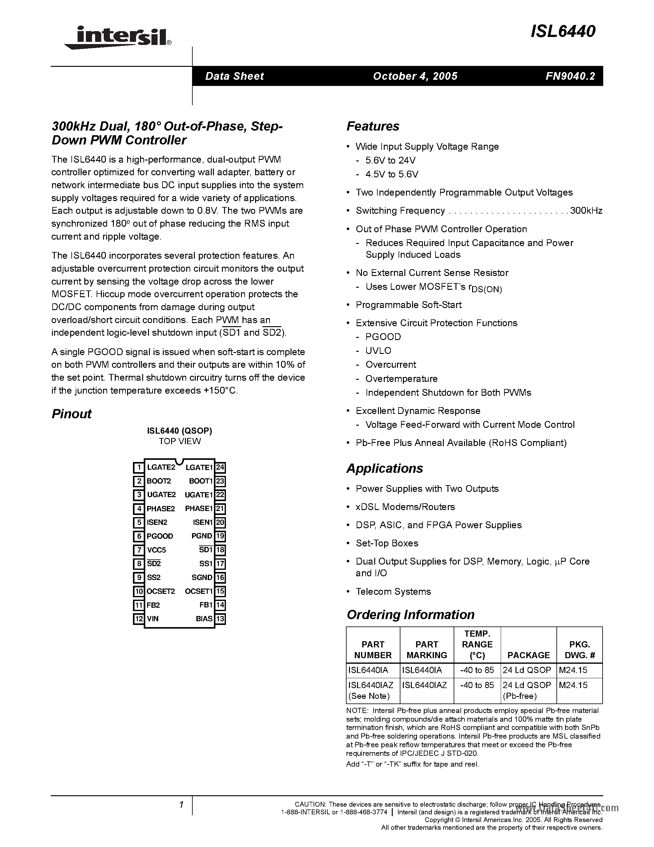 Datasheet ISL6440 - Step-Down PWM Controller page 1