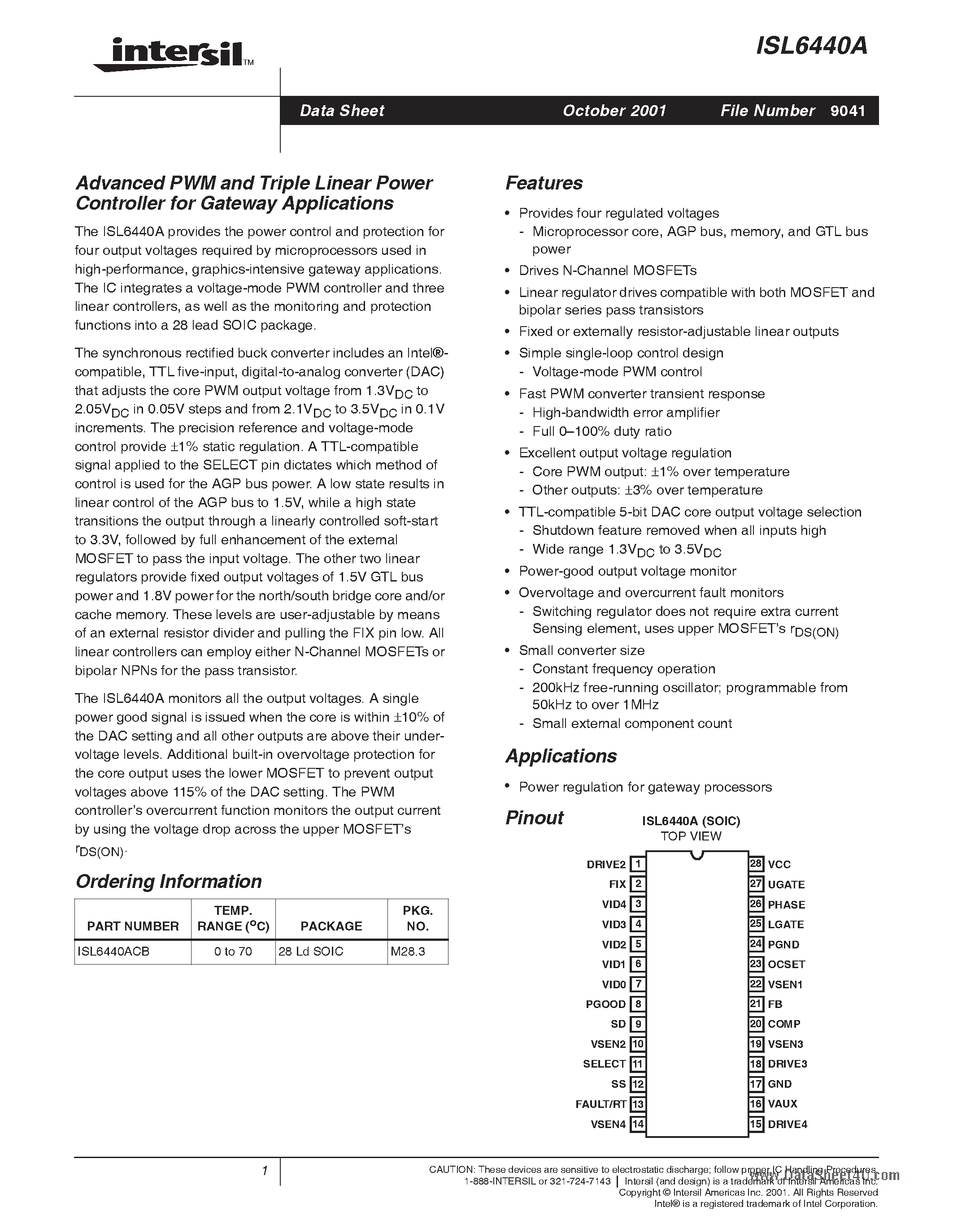 Datasheet ISL6440A - Advanced PWM and Triple Linear Power Controller page 1