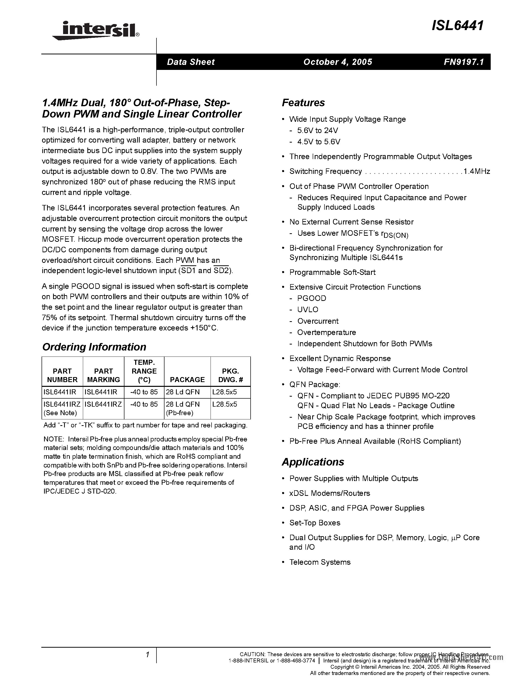 Datasheet ISL6441 - Step-Down PWM and Single Linear Controller page 1