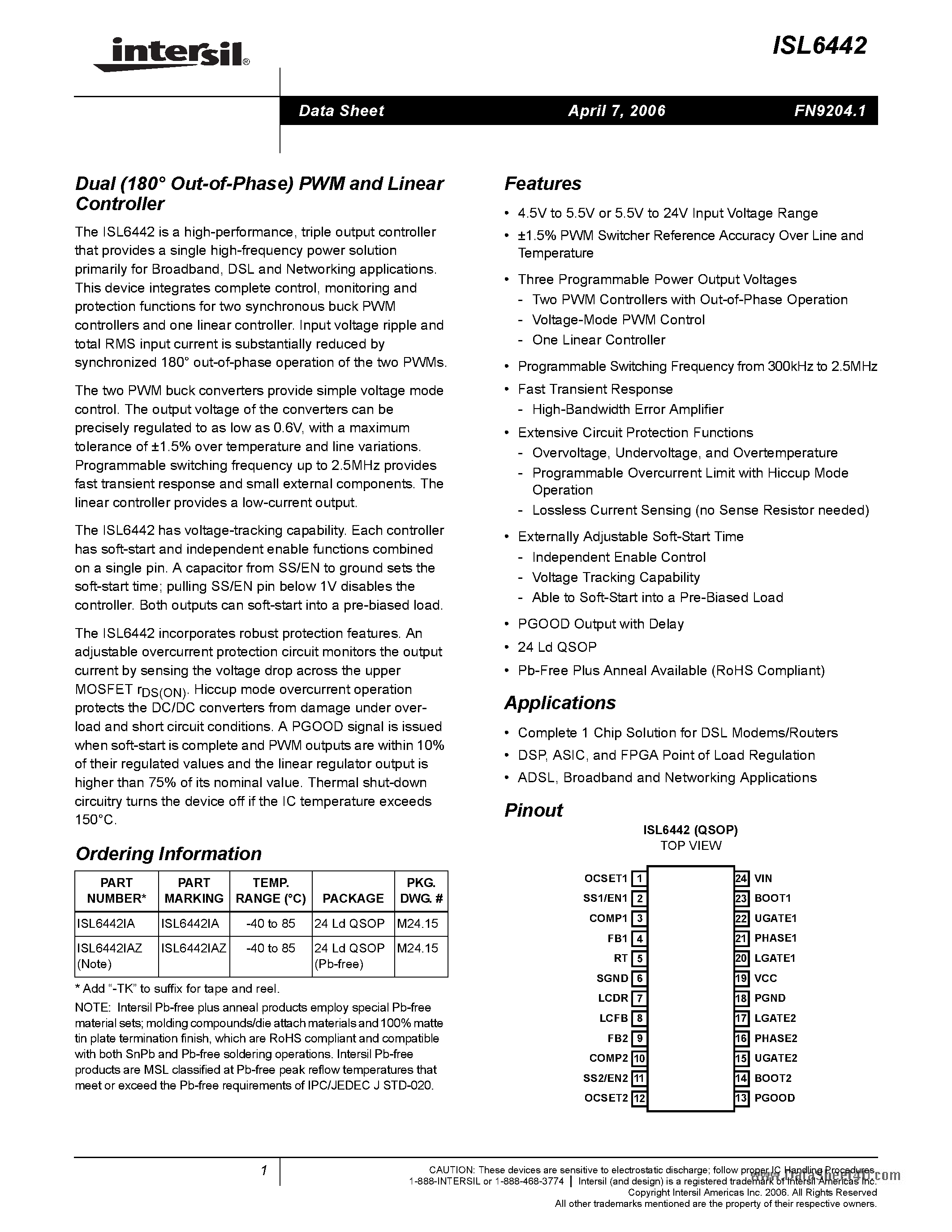 Datasheet ISL6442 - PWM and Linear Controller page 1