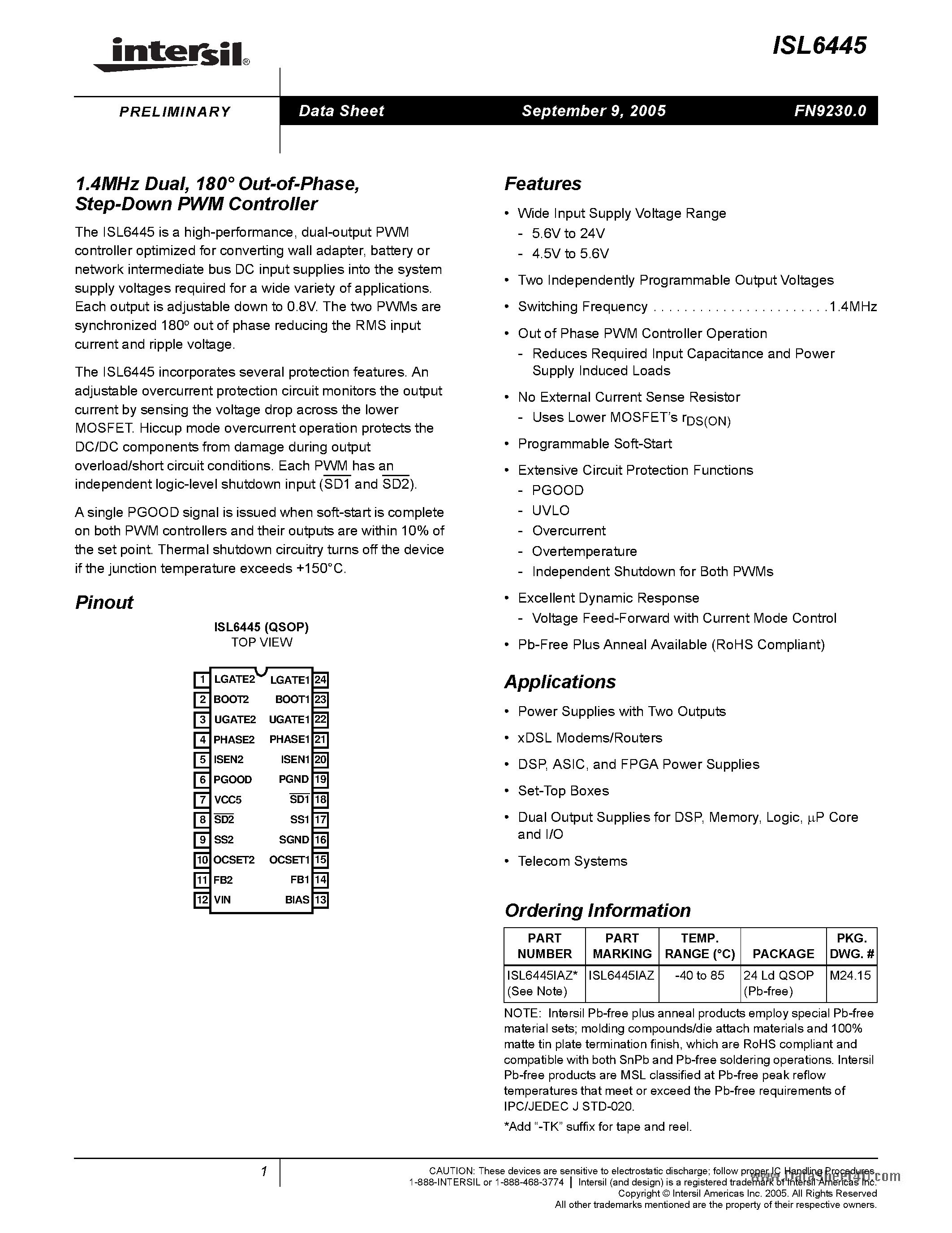 Datasheet ISL6445 - Step-Down PWM Controller page 1