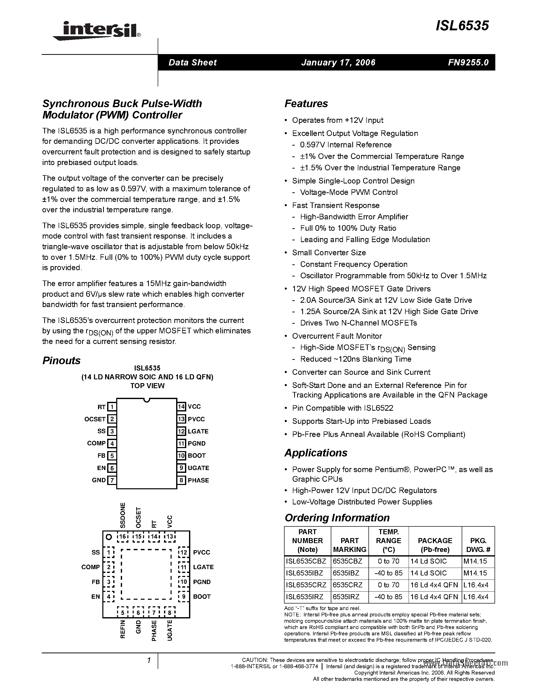 Datasheet ISL6535 - Synchronous Buck Pulse-Width Modulator (PWM) Controller page 1