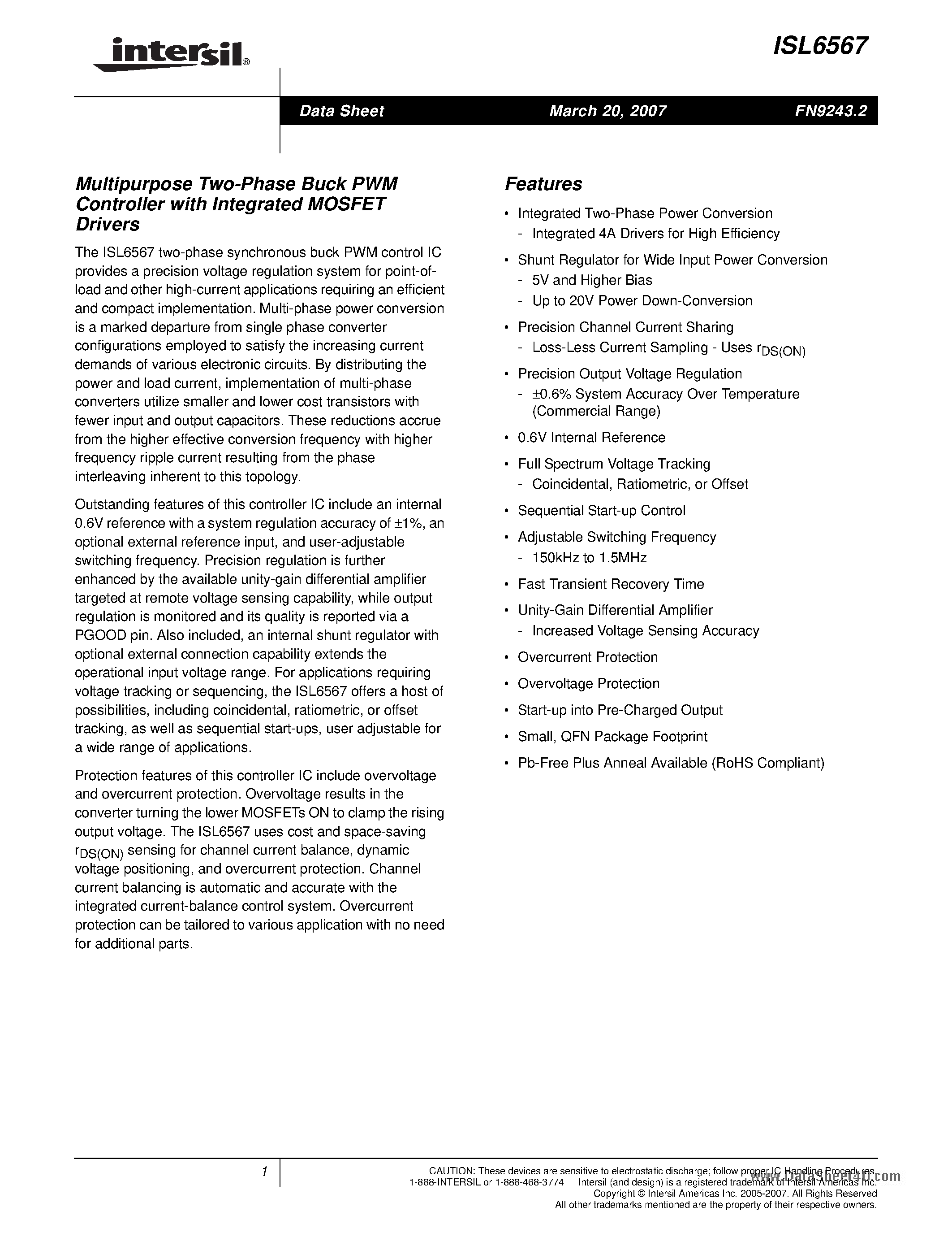 Datasheet ISL6567 - Multipurpose Two-Phase Buck PWM Controller page 1