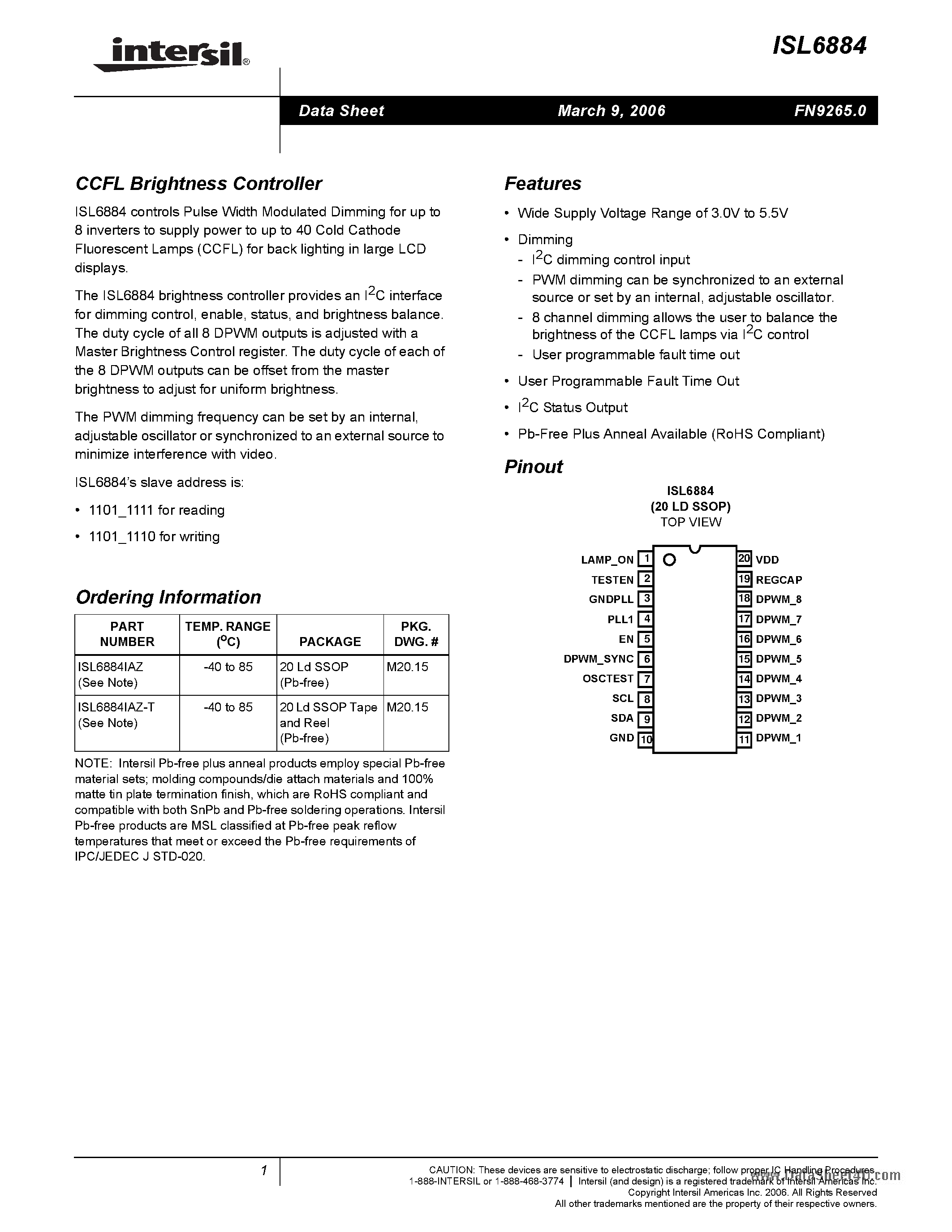 Datasheet ISL6884 - CCFL Brightness Controller page 1