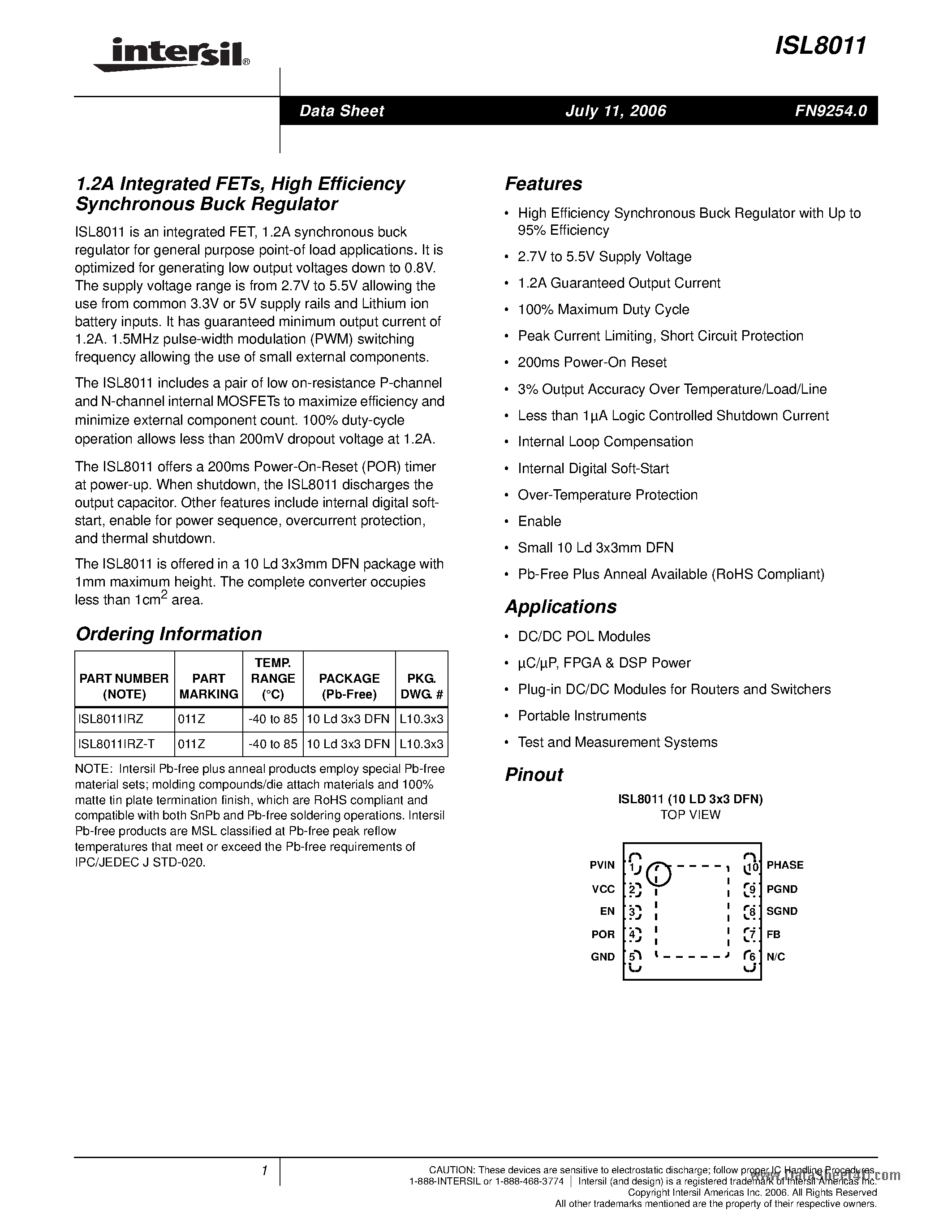 Datasheet ISL8011 - High Efficiency Synchronous Buck Regulator page 1