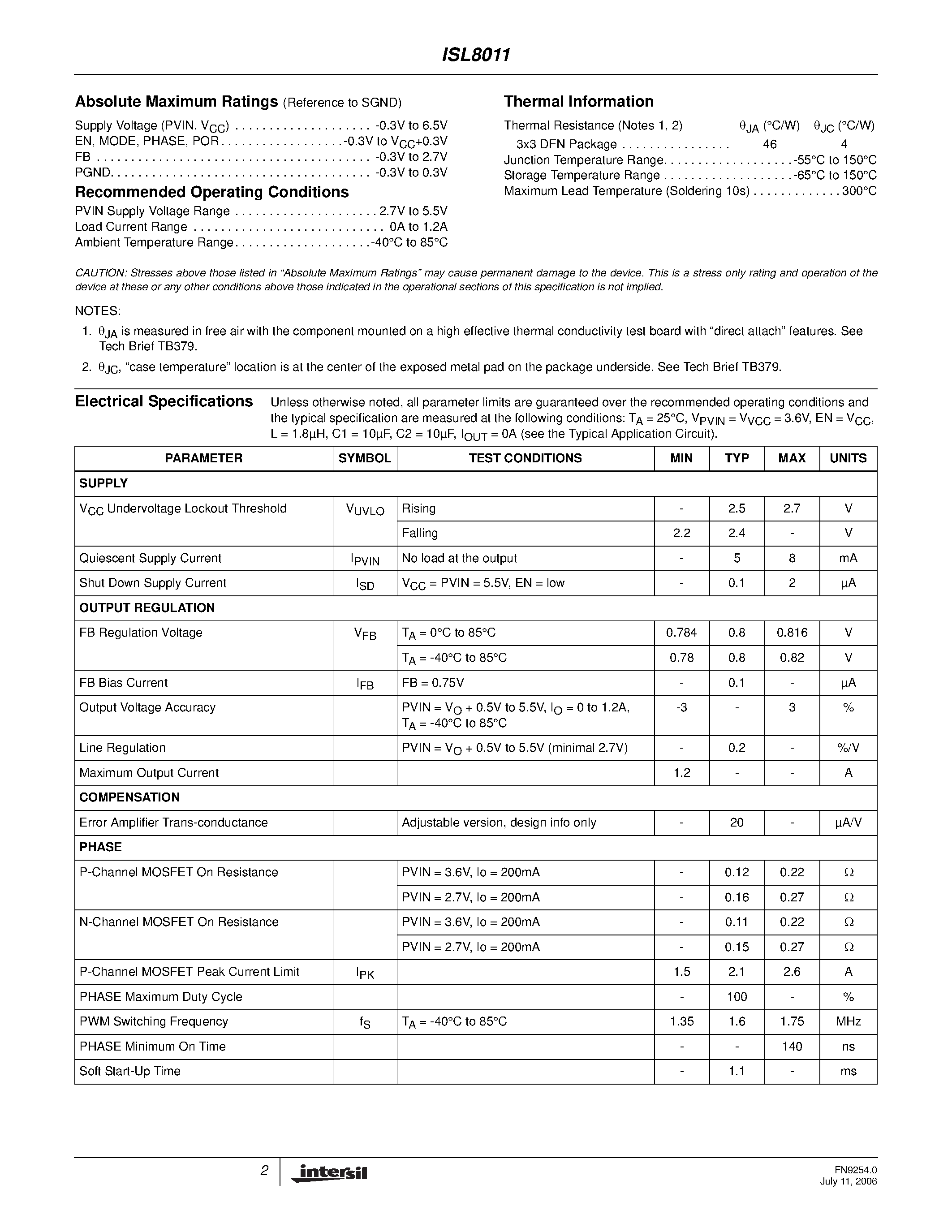 Datasheet ISL8011 - High Efficiency Synchronous Buck Regulator page 2