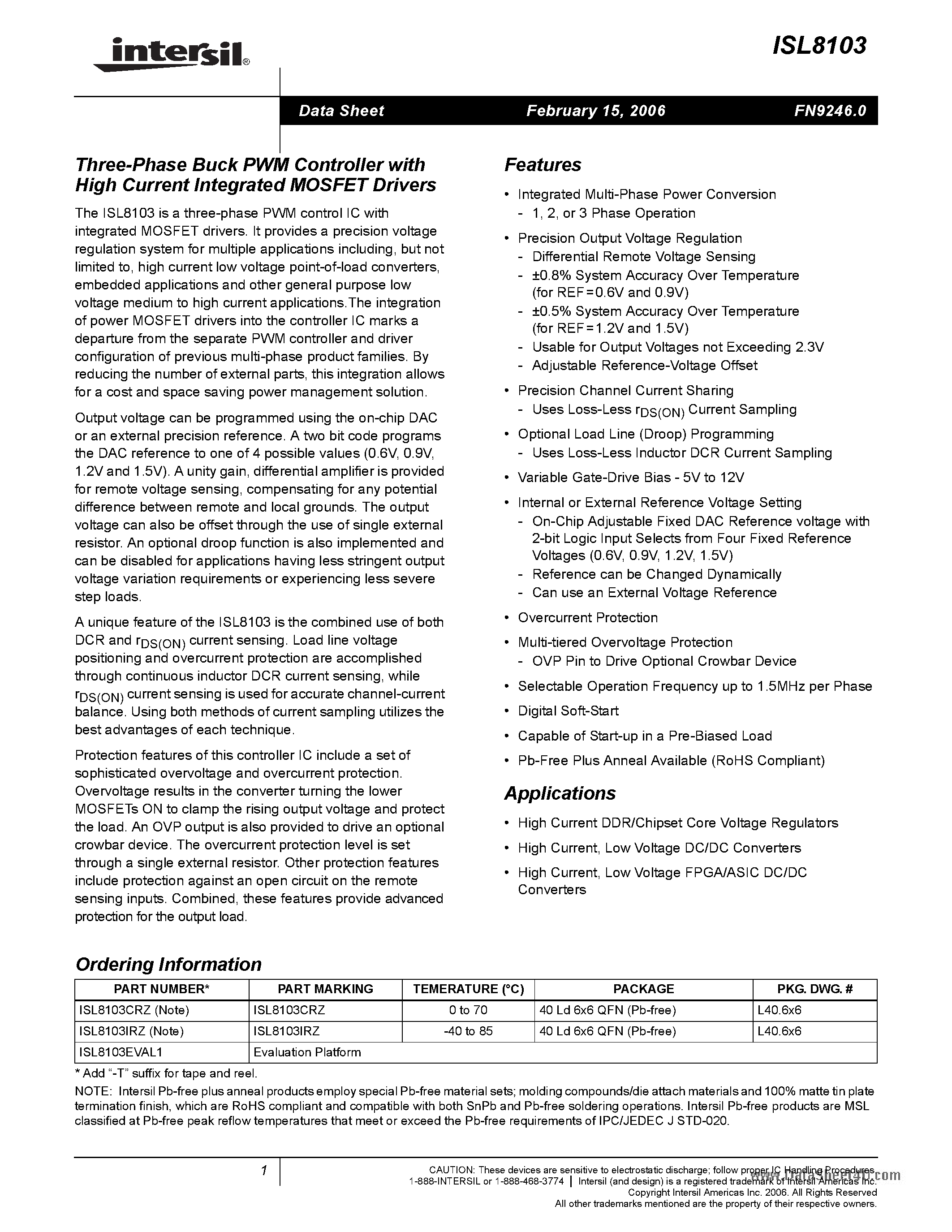 Datasheet ISL8103 - Three-Phase Buck PWM Controller page 1