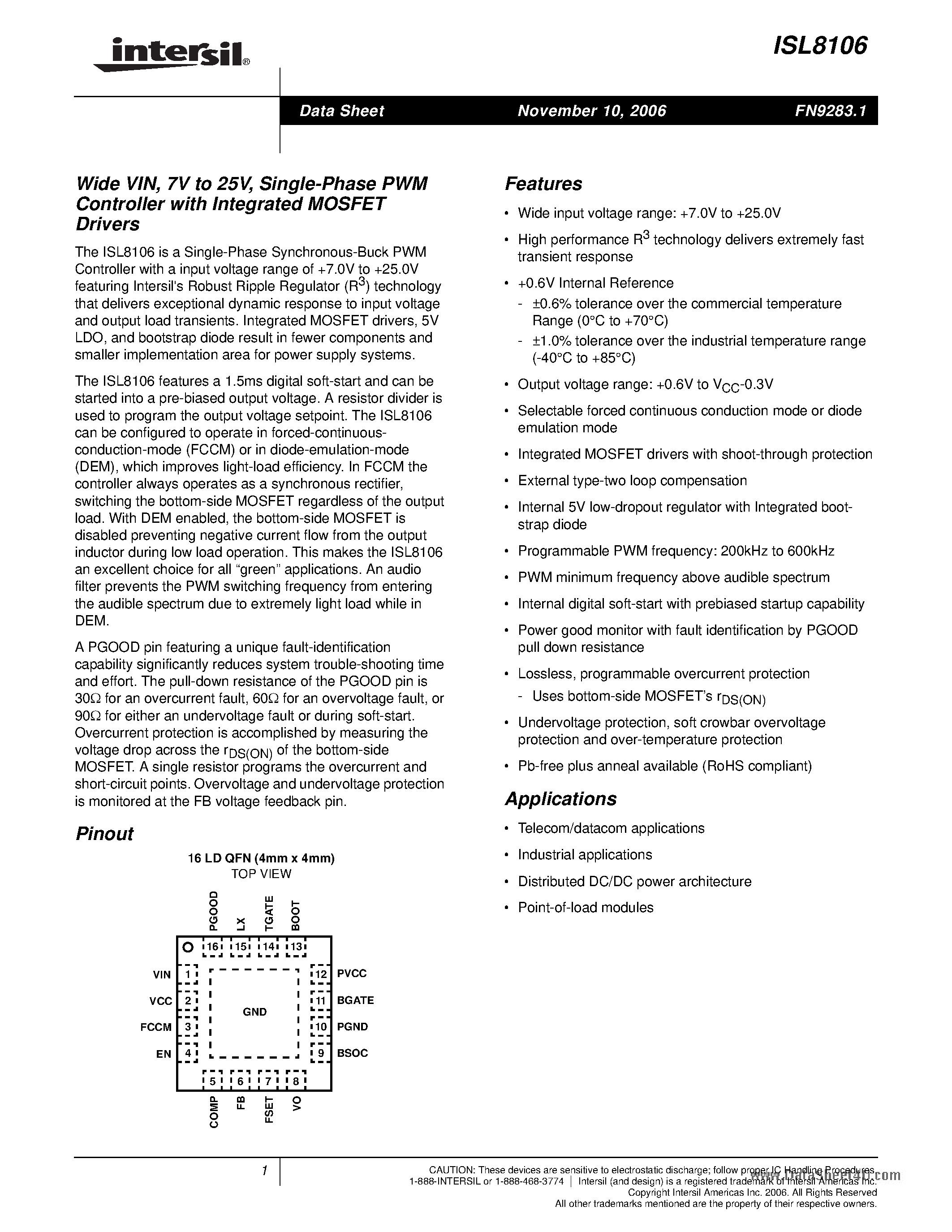 Datasheet ISL8106 - Single-Phase PWM Controller page 1