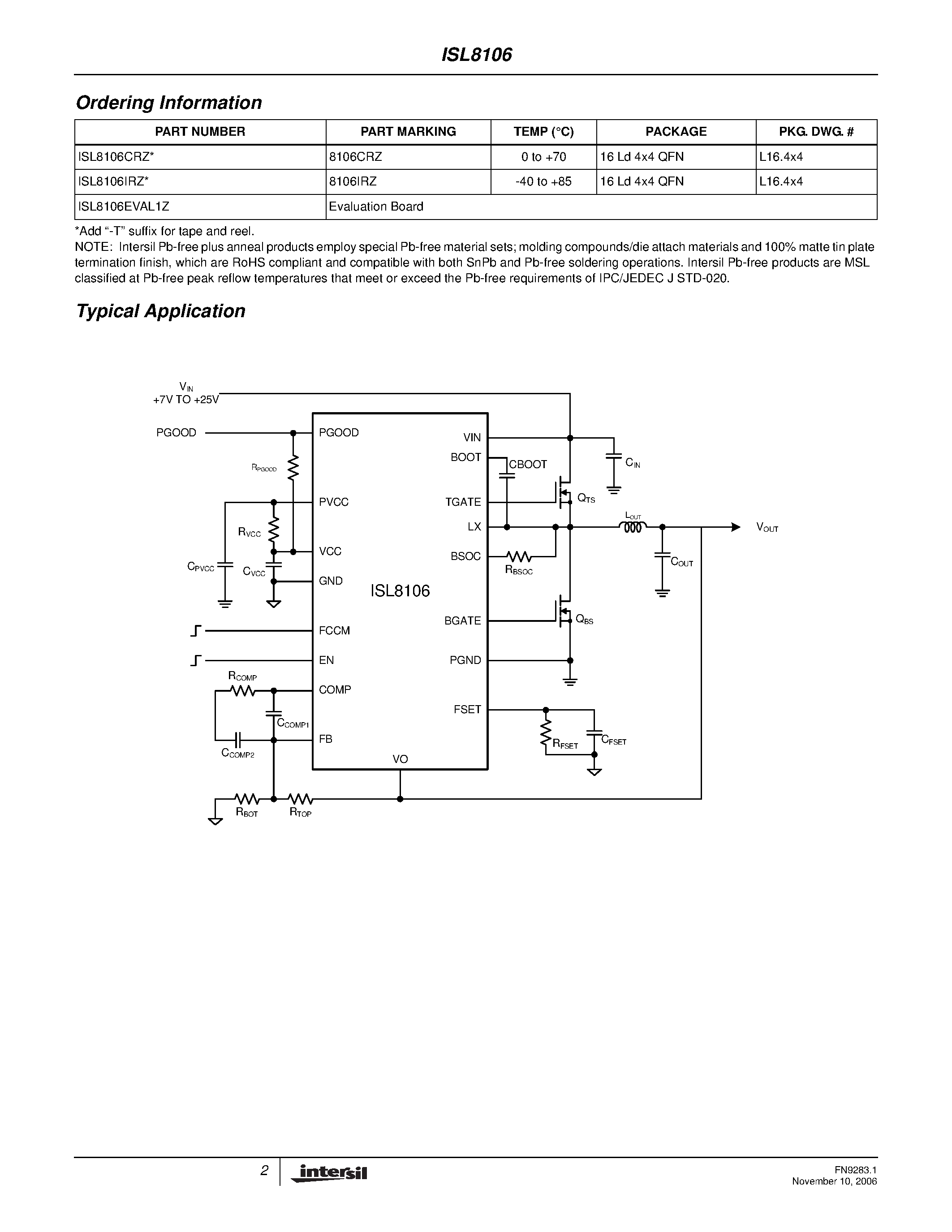 Datasheet ISL8106 - Single-Phase PWM Controller page 2