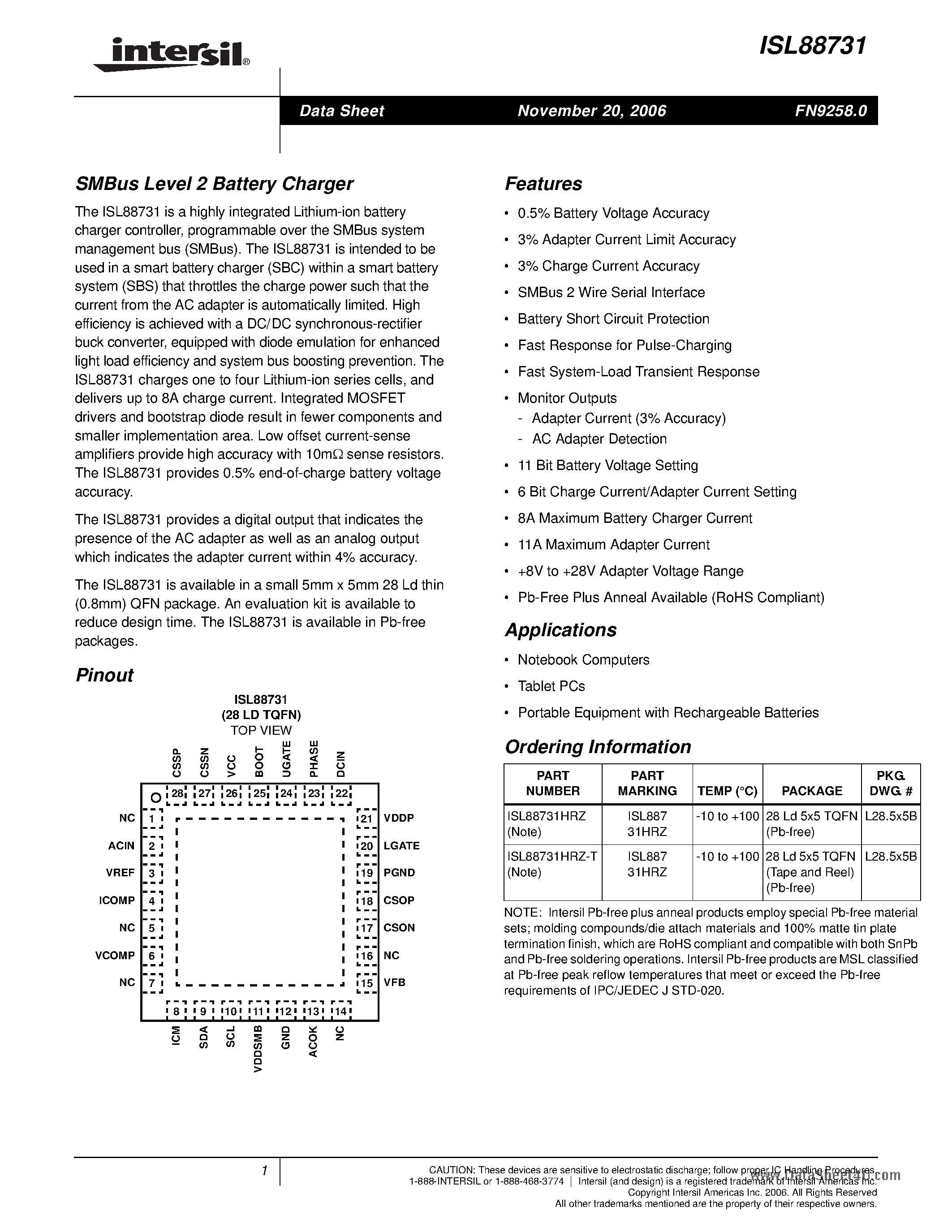 Datasheet ISL88731 - SMBus Level 2 Battery Charger page 1