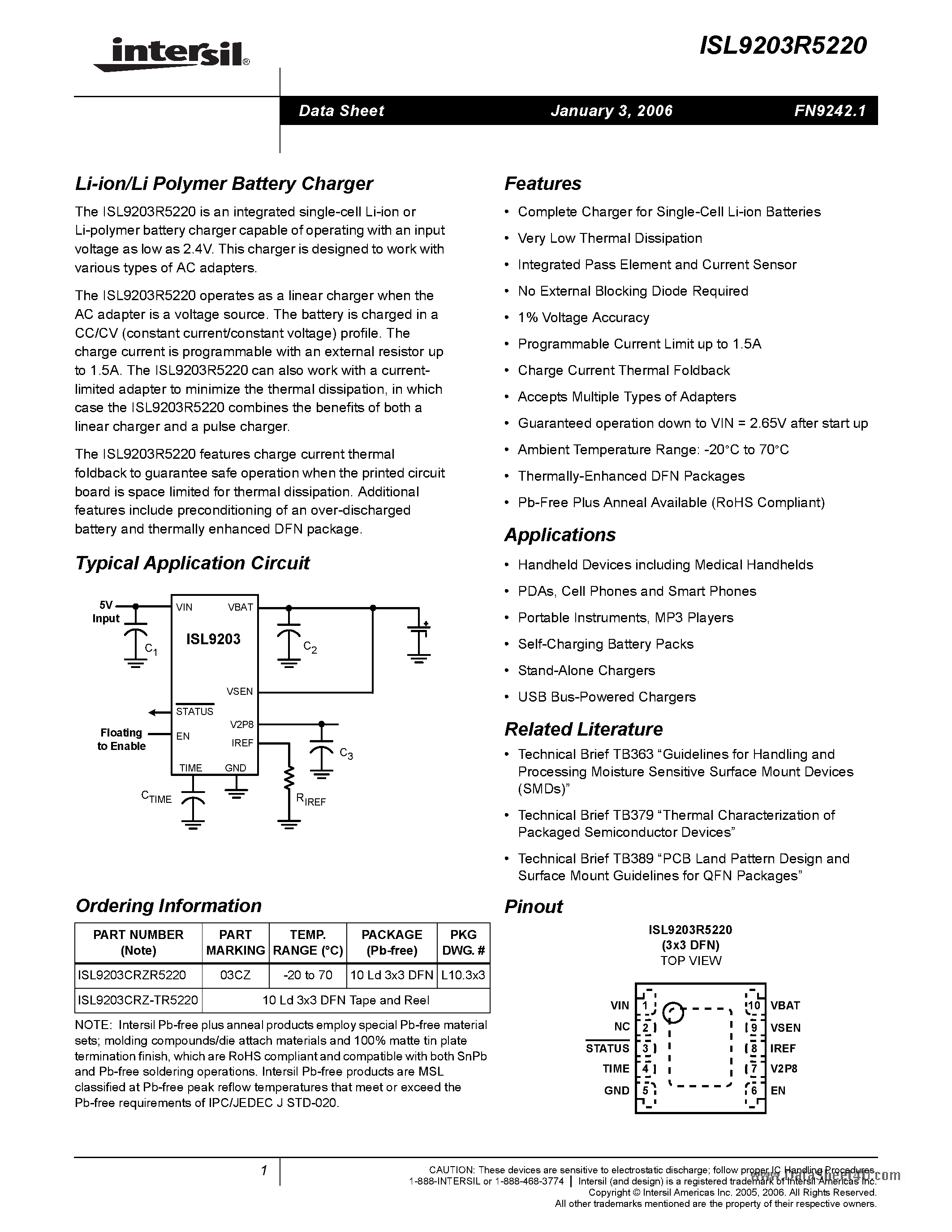 Datasheet ISL9203R5220 - Li-ion/Li Polymer Battery Charger page 1