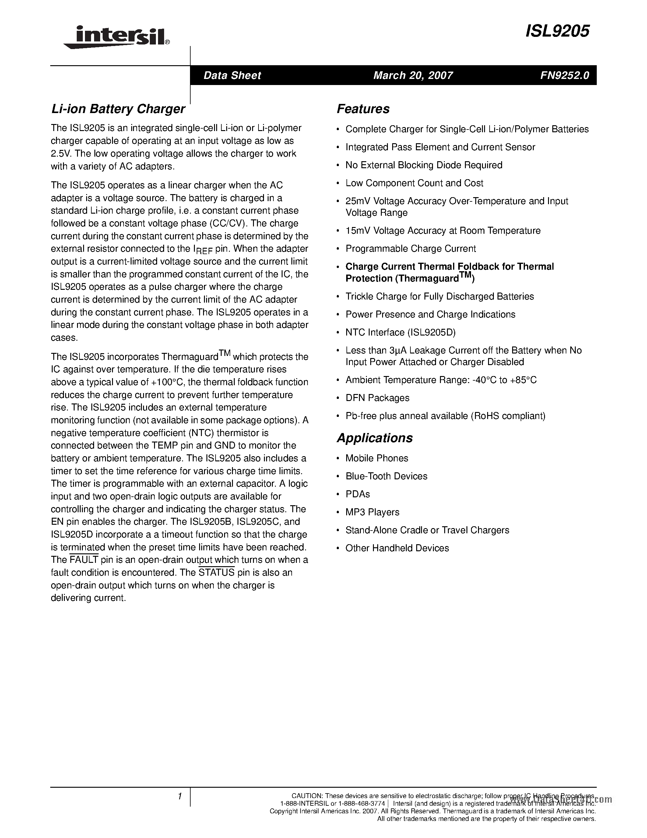 Datasheet ISL9205 - Li-ion Battery Charger page 1