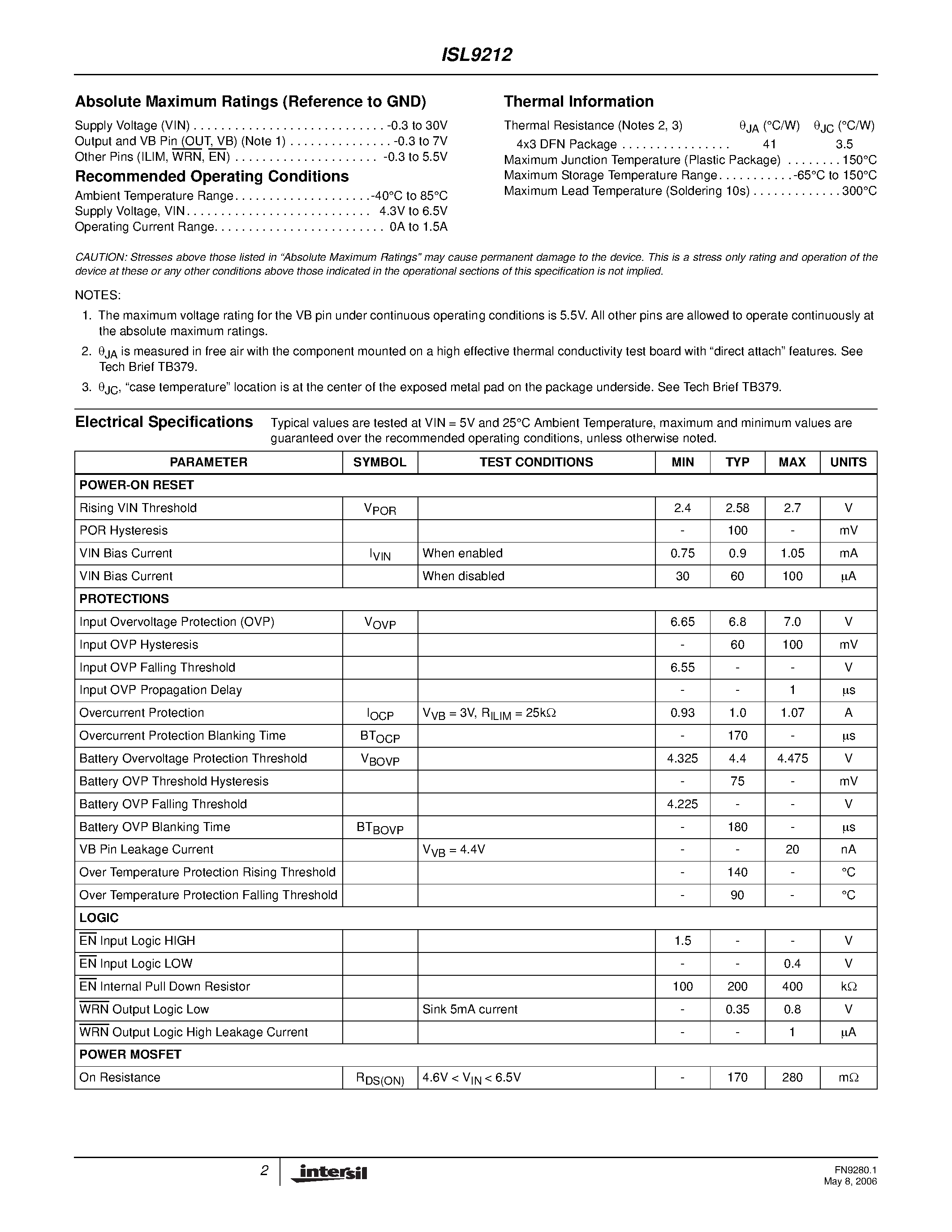 Datasheet ISL9212 - Charging System Safety Circuit page 2