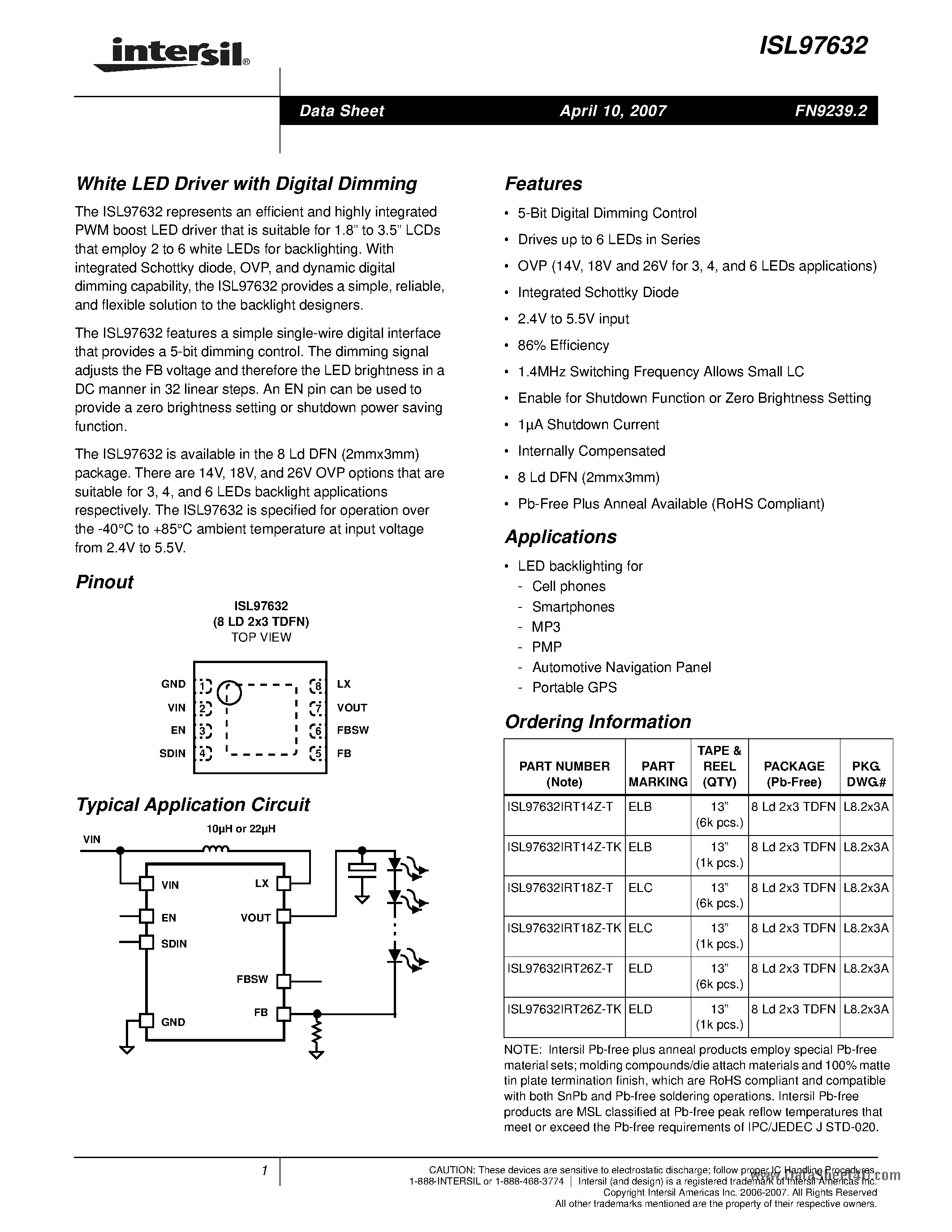 Datasheet ISL97632 - White LED Driver page 1