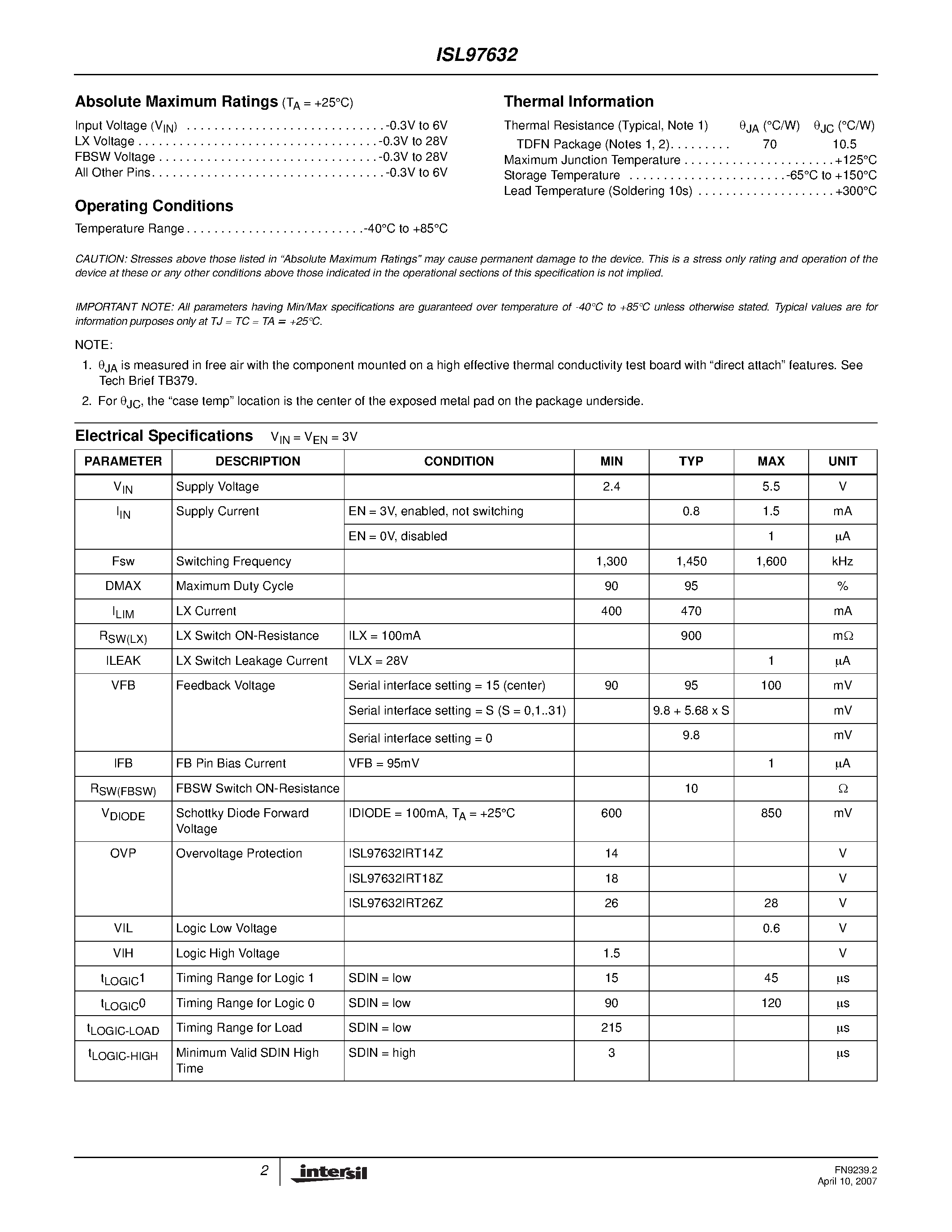 Datasheet ISL97632 - White LED Driver page 2