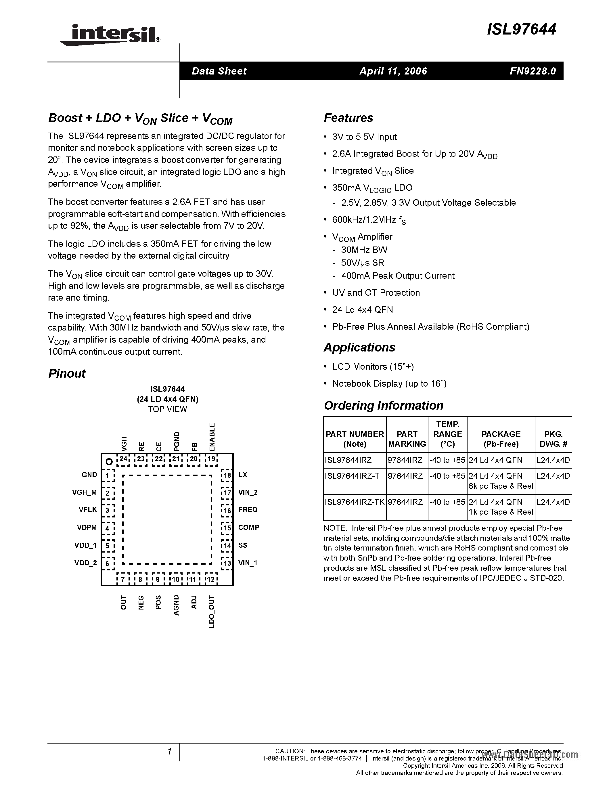 Datasheet ISL97644 - Boost + LDO + VON Slice + VCOM page 1