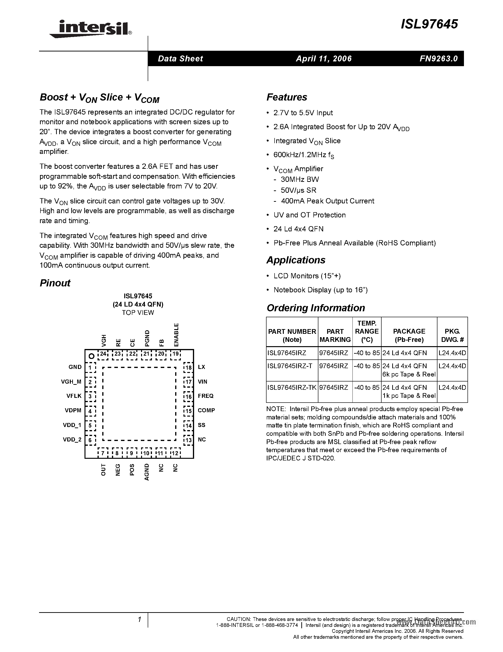 Datasheet ISL97645 - Boost VON Slice VCOM page 1