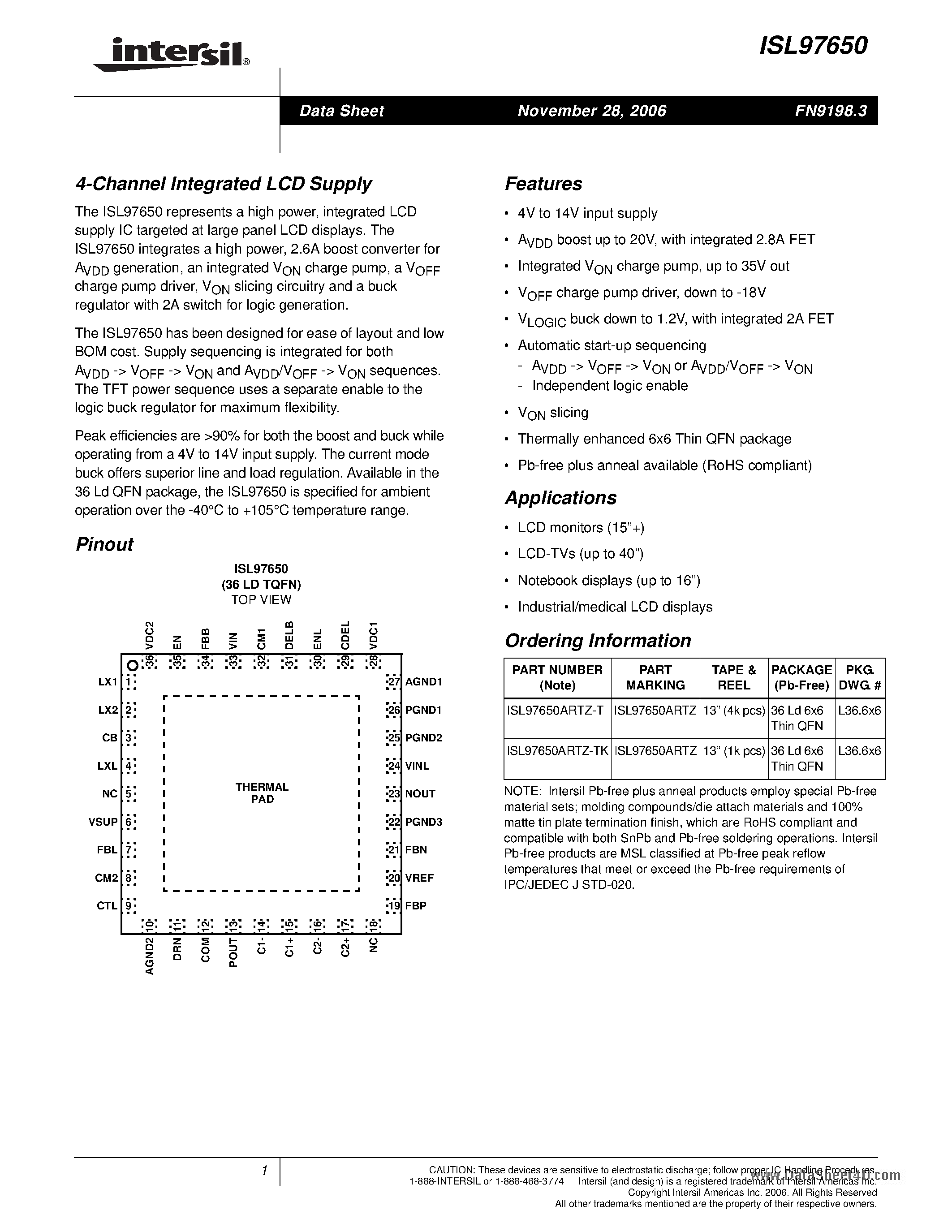 Datasheet ISL97650 - 4-Channel Integrated LCD Supply page 1