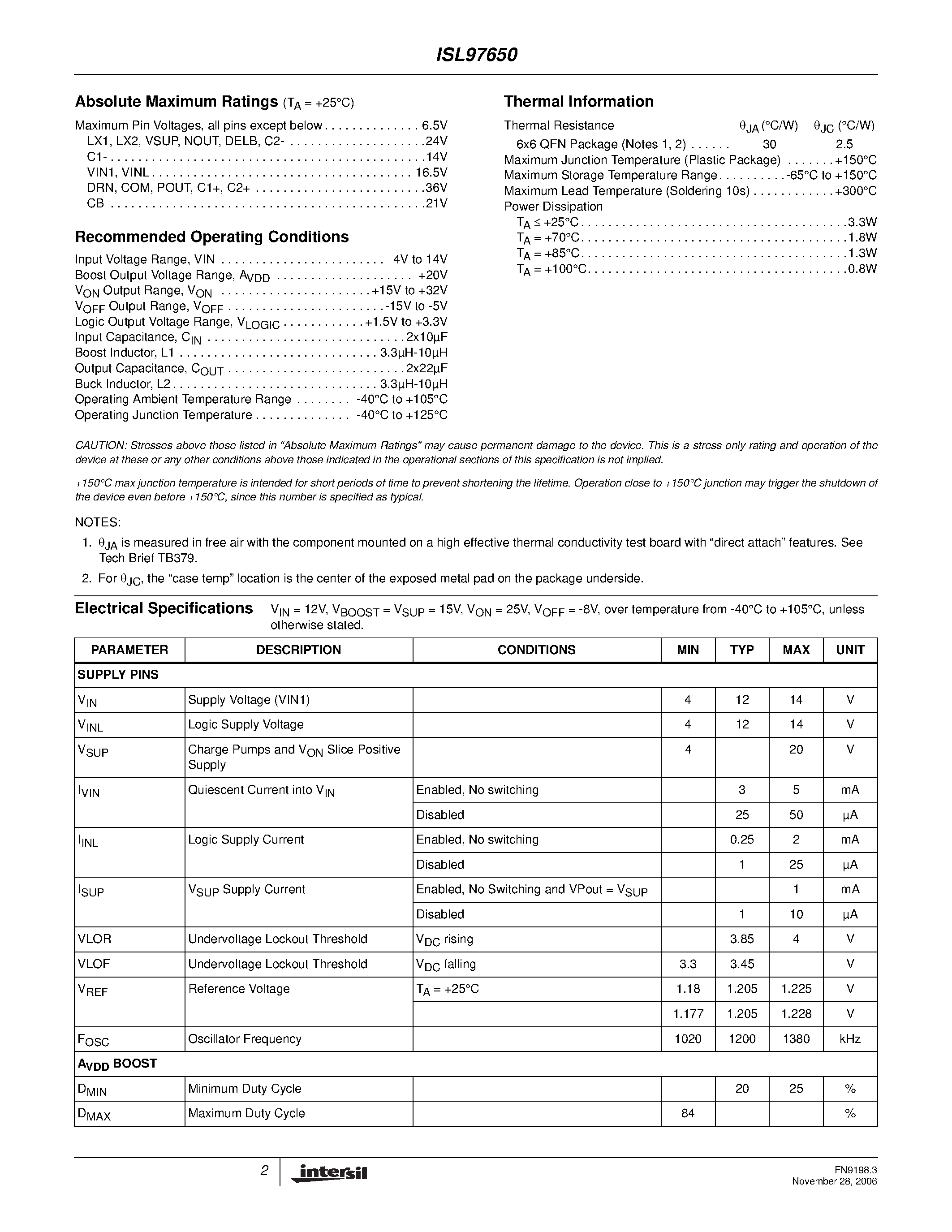 Datasheet ISL97650 - 4-Channel Integrated LCD Supply page 2