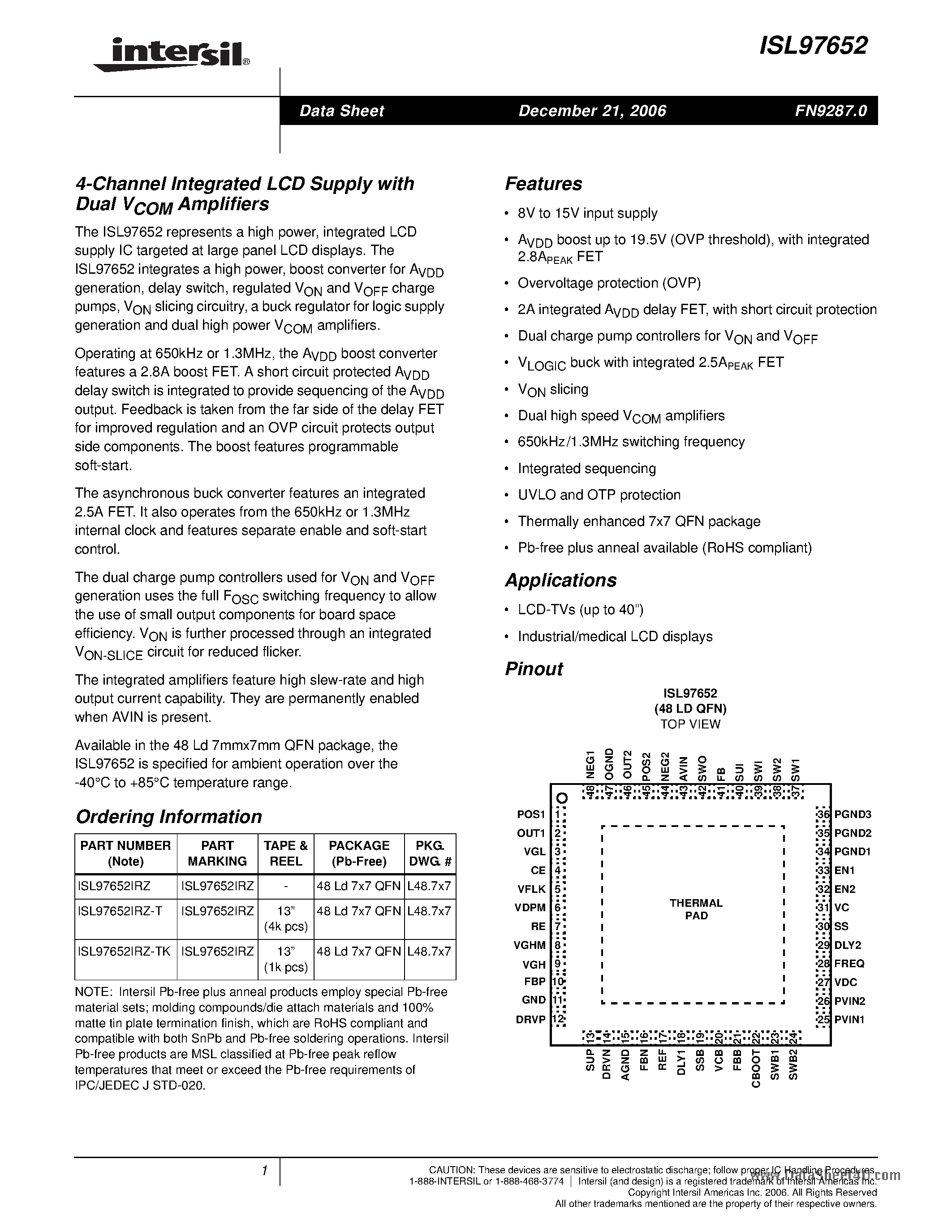 Datasheet ISL97652 - 4-Channel Integrated LCD Supply page 1