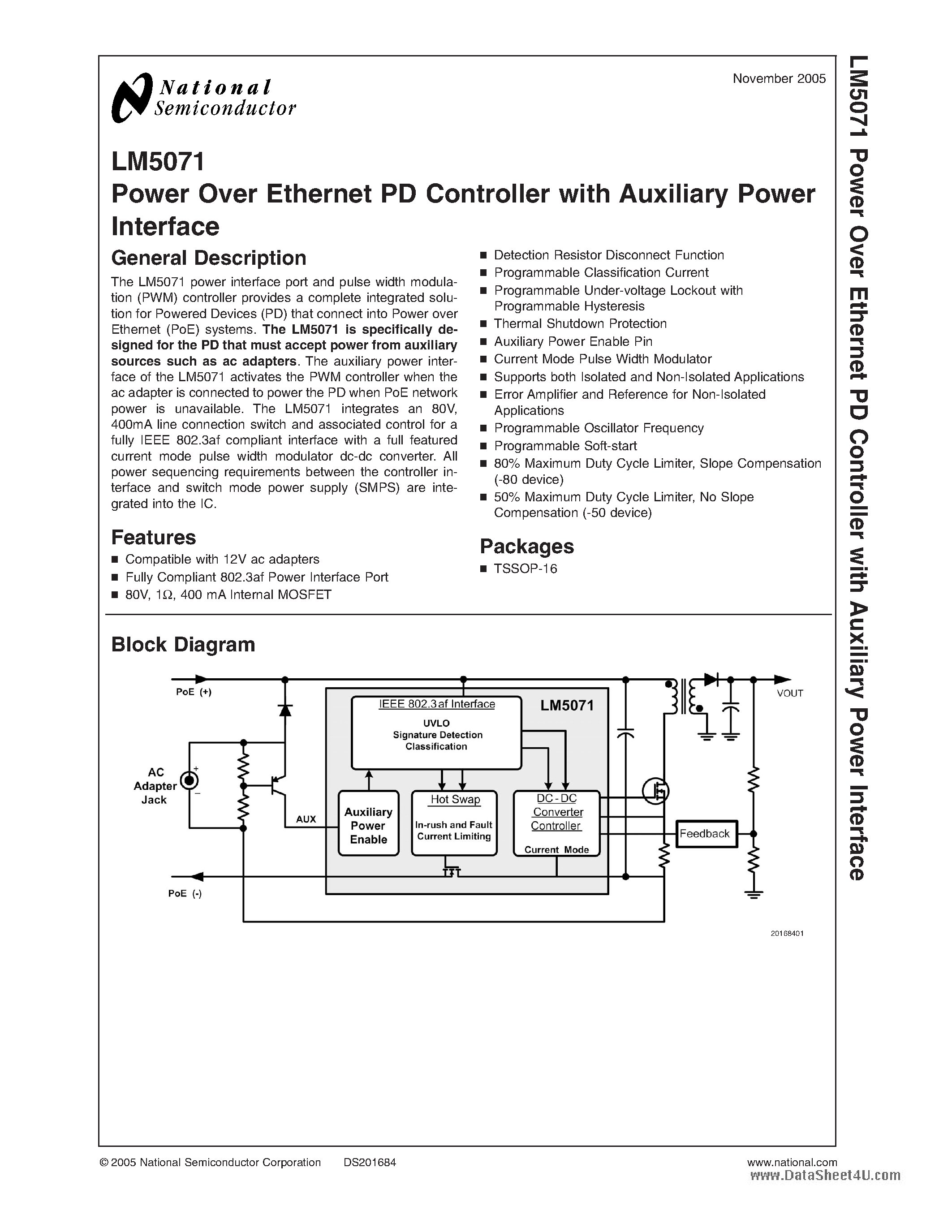 Datasheet LM5071 - Power Over Ethernet PD Controller page 1