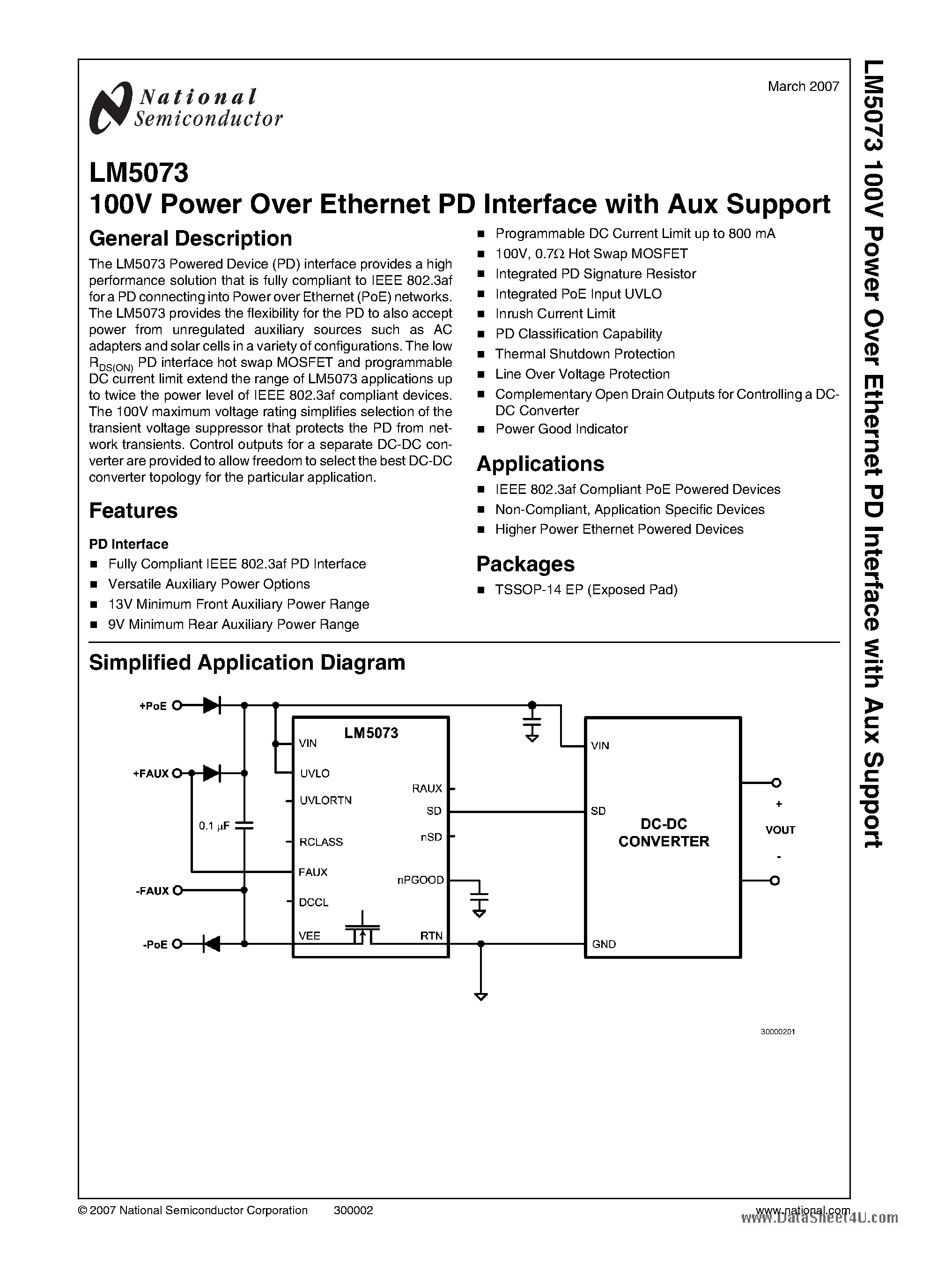 Datasheet LM5073 - 100V Power Over Ethernet PD Interface page 1