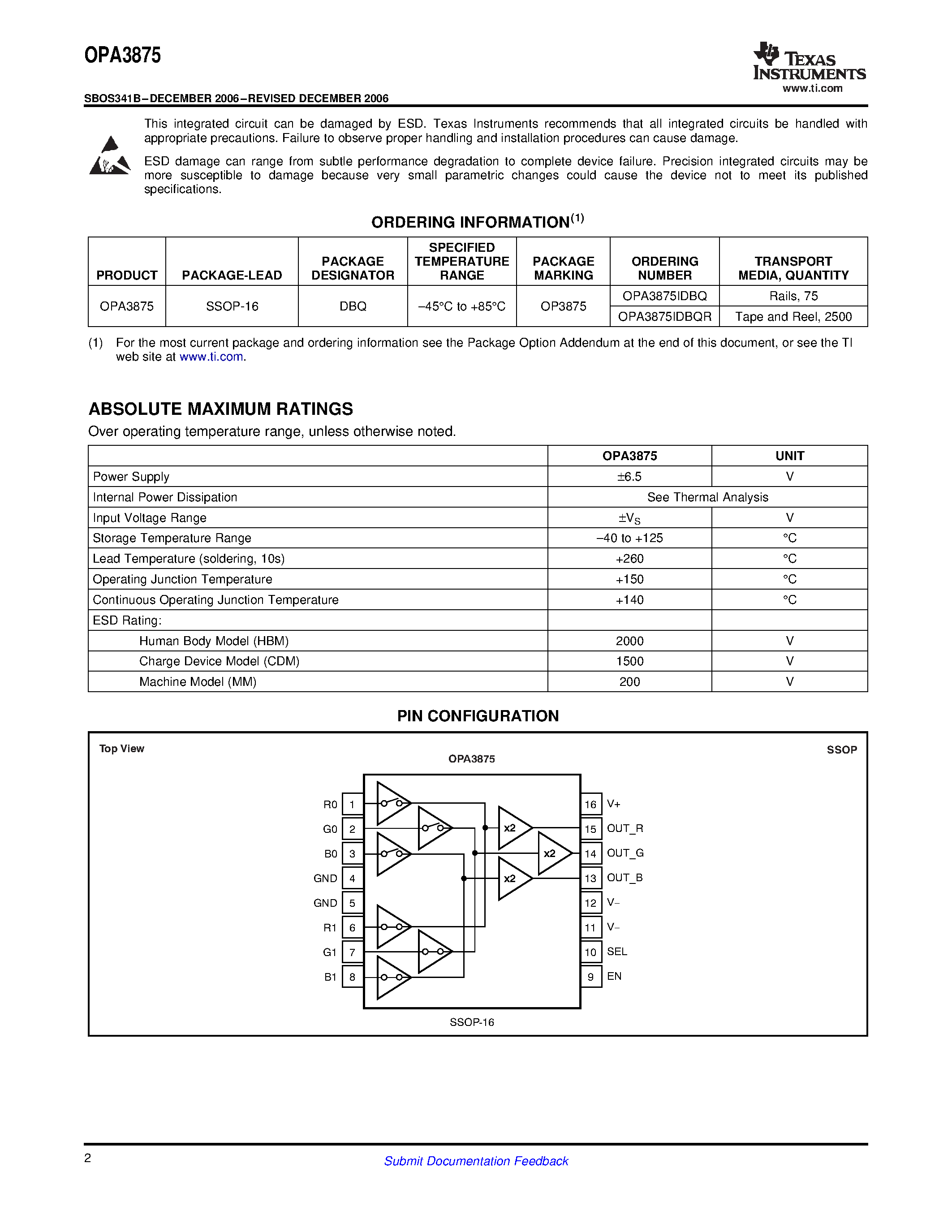 Даташит OPA3875 - Single 2:1 High-Speed Video Multiplexer страница 2