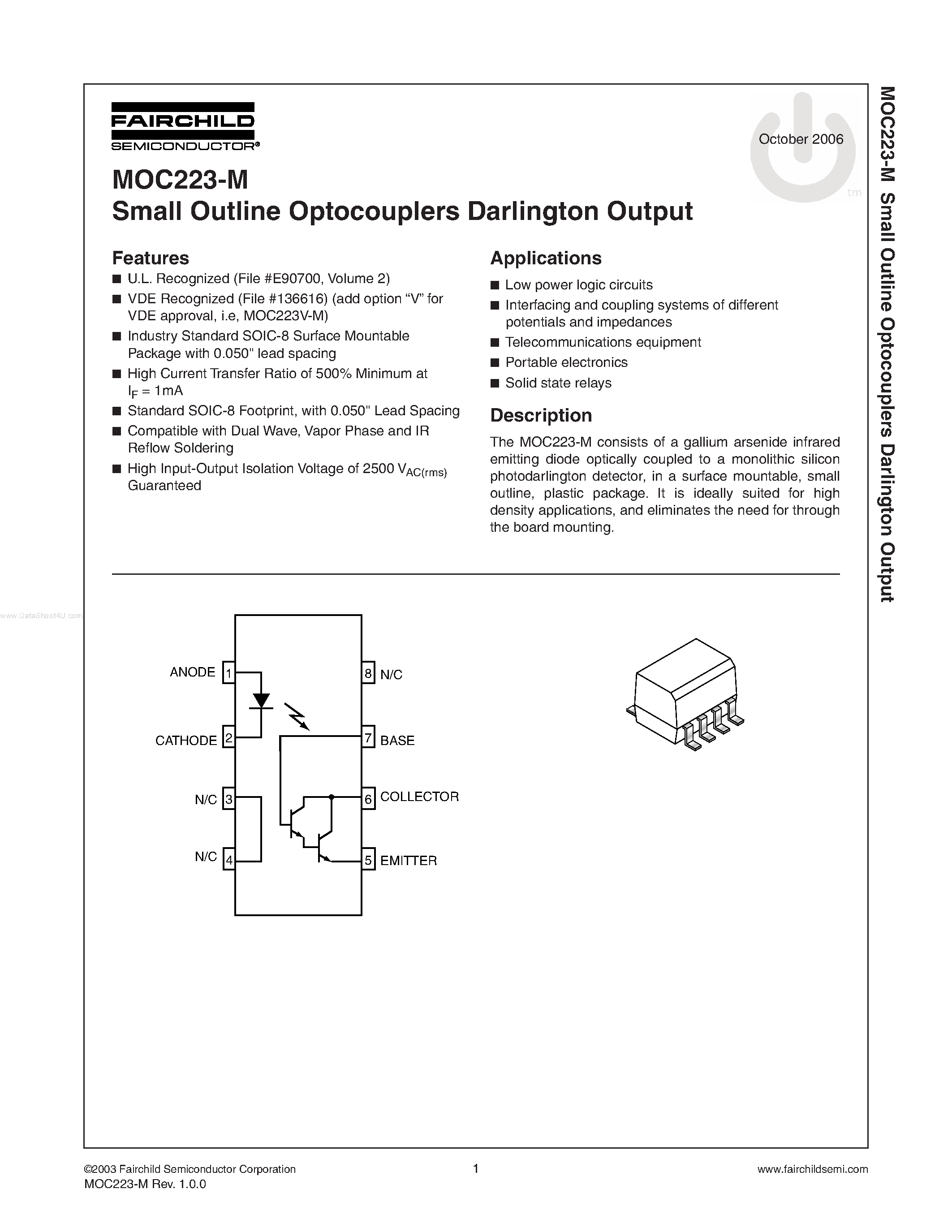 Datasheet MOC223-M - Small Outline Optocouplers Darlington Output page 1