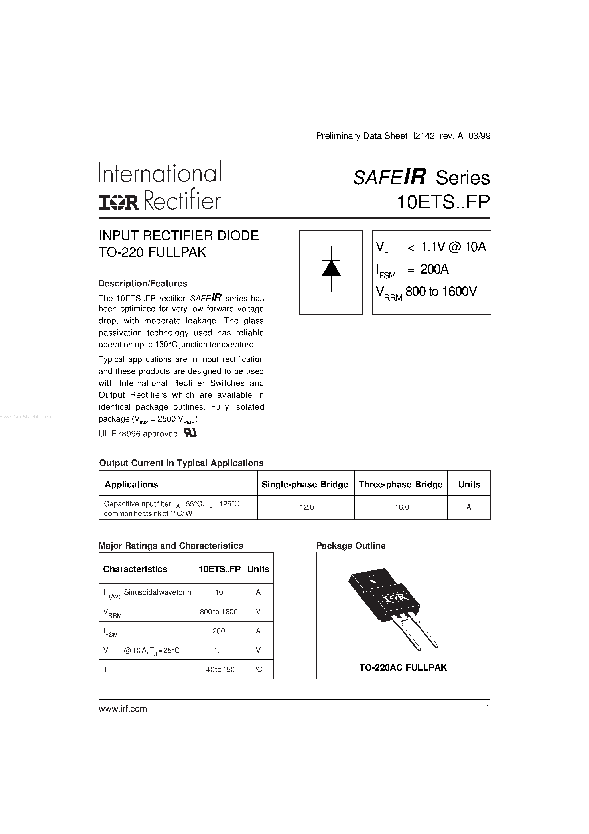 Datasheet 10ETS08FP - (10ETSxxFP) INPUT RECTIFIER DIODE TO-220 FULLPAK page 1