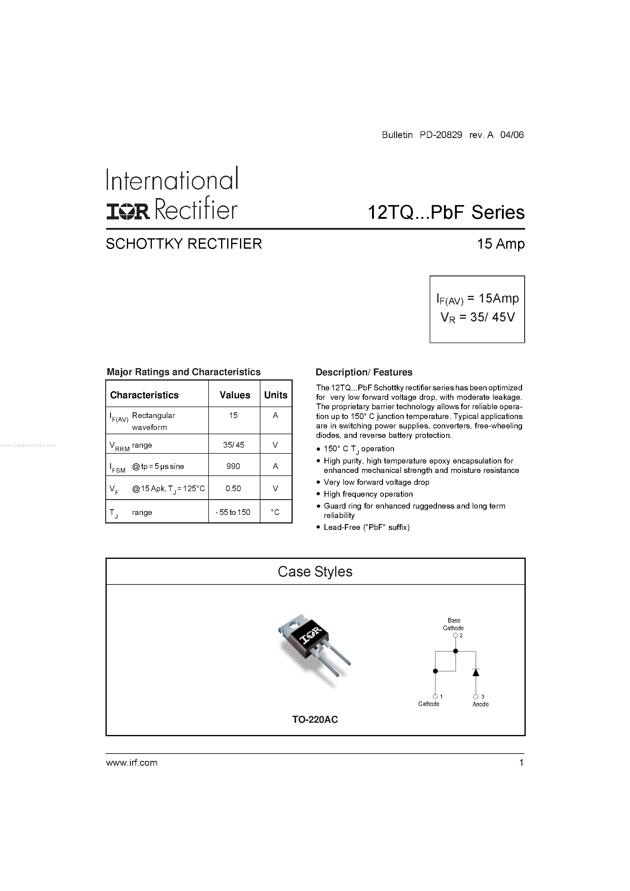 Datasheet 12TQ035PBF - (12TQxxxPBF) SCHOTTKY RECTIFIER page 1