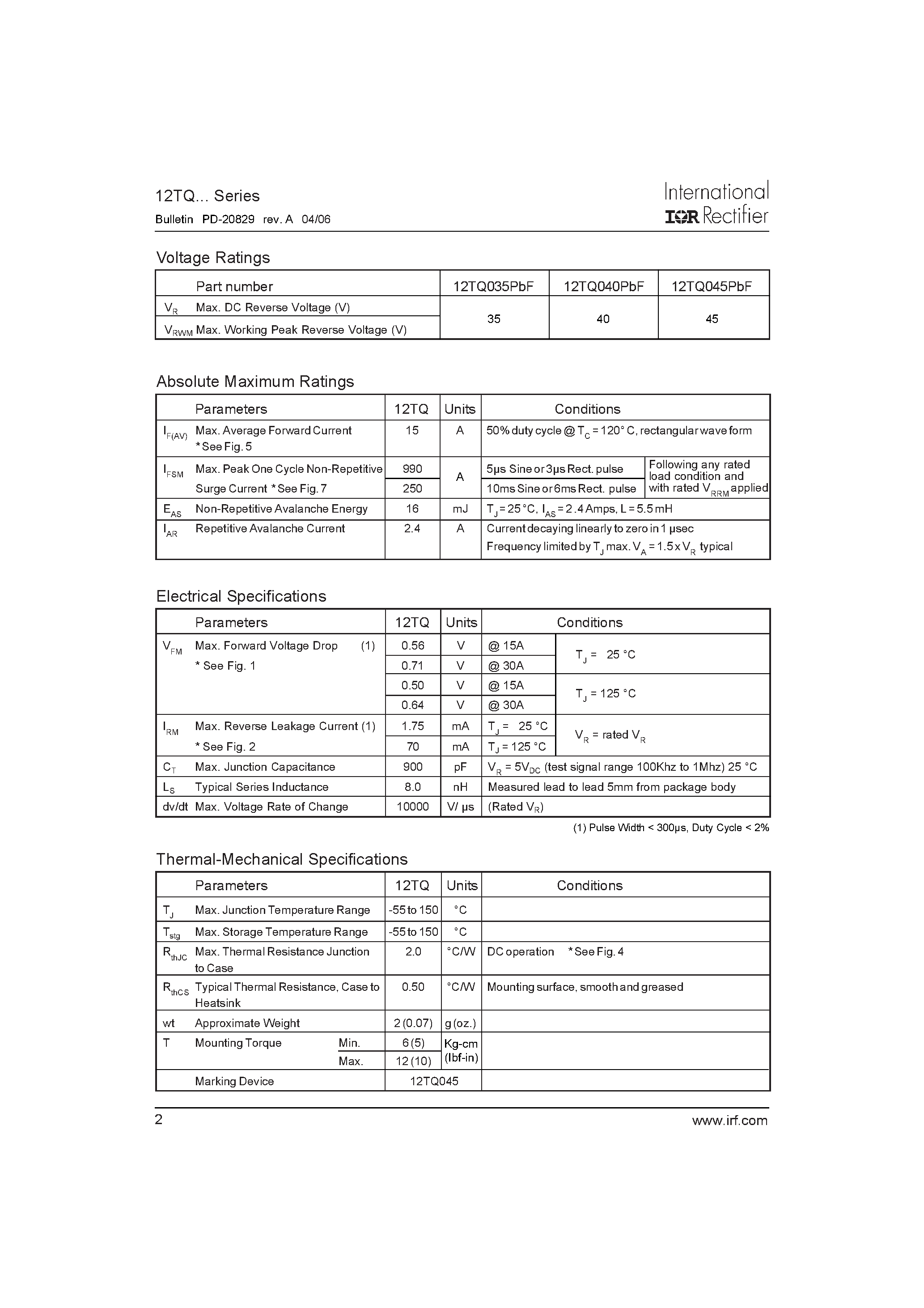 Datasheet 12TQ035PBF - (12TQxxxPBF) SCHOTTKY RECTIFIER page 2