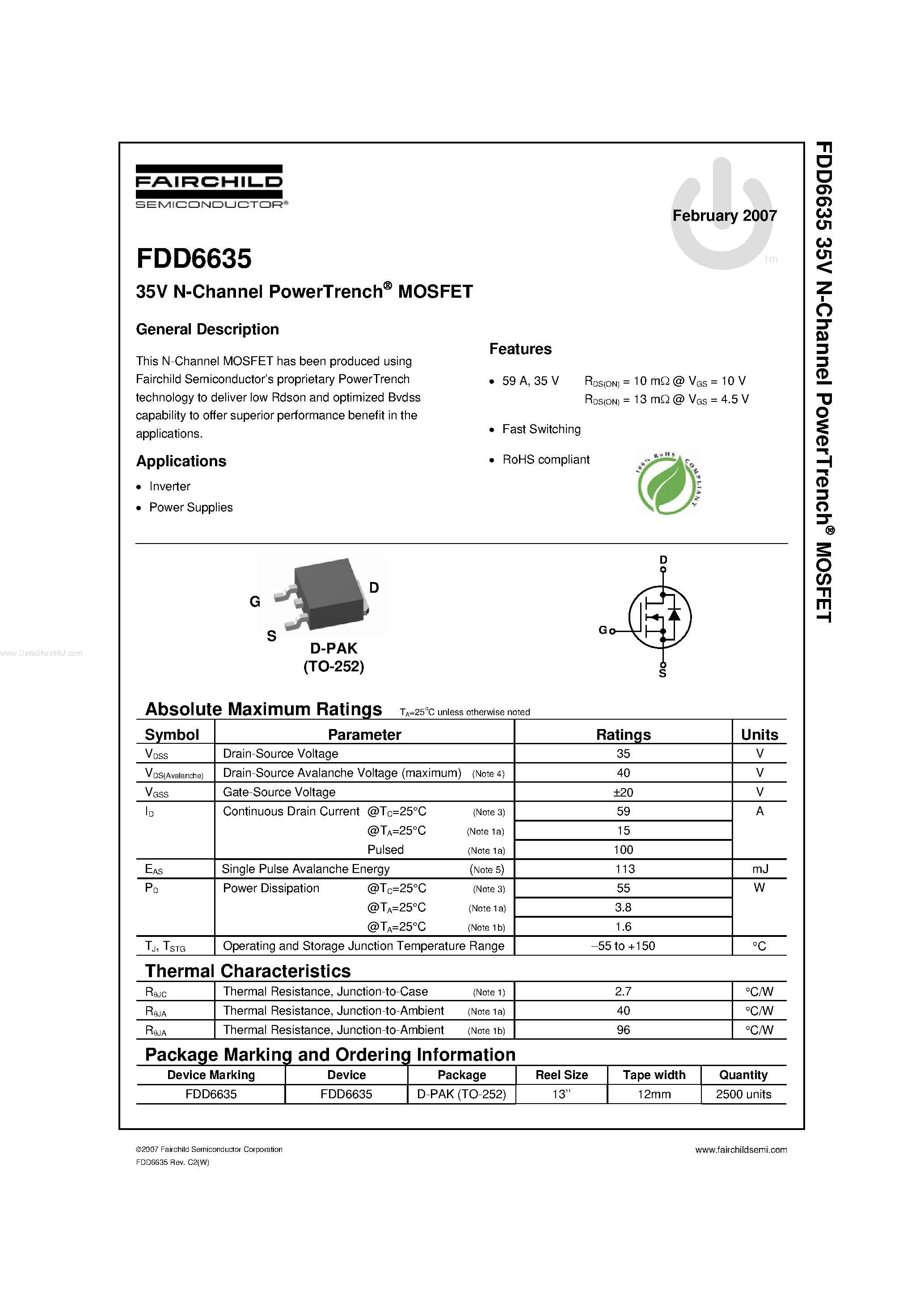 Datasheet FDD6635 - 35V N-Channel PowerTrench MOSFET page 1