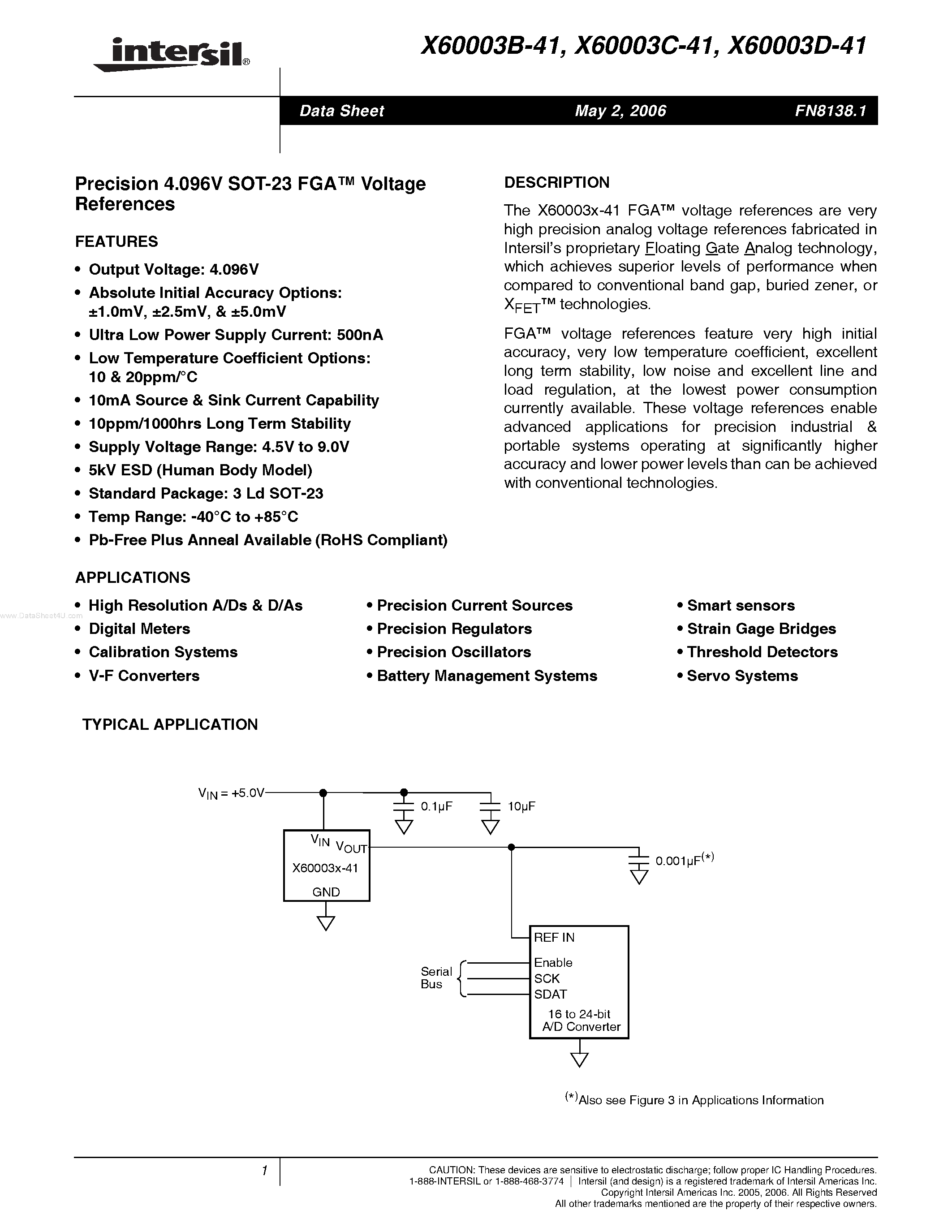 Datasheet X60003B-41 - (X60003x-41) Precision 4.096V SOT-23 FGA Voltage References page 1