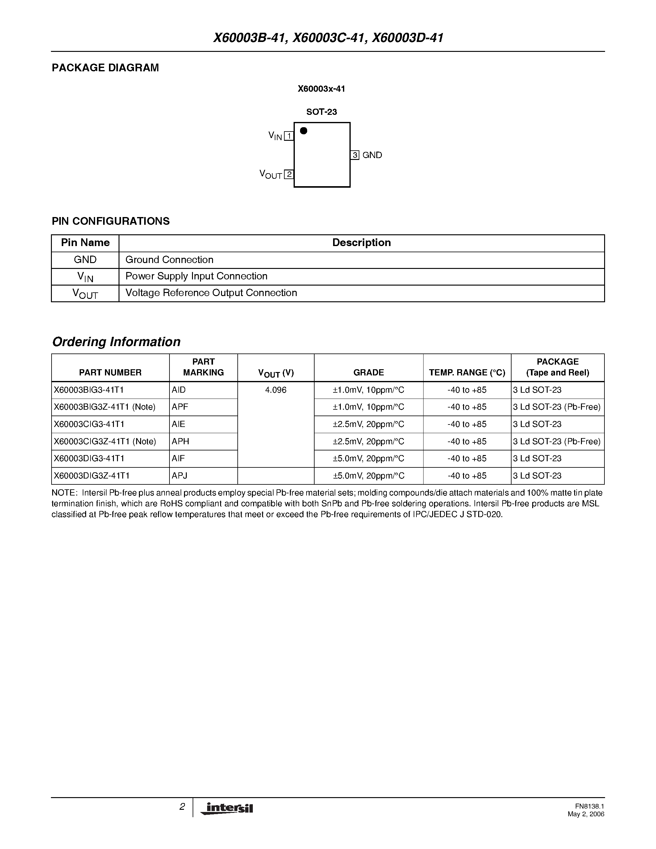 Datasheet X60003B-41 - (X60003x-41) Precision 4.096V SOT-23 FGA Voltage References page 2