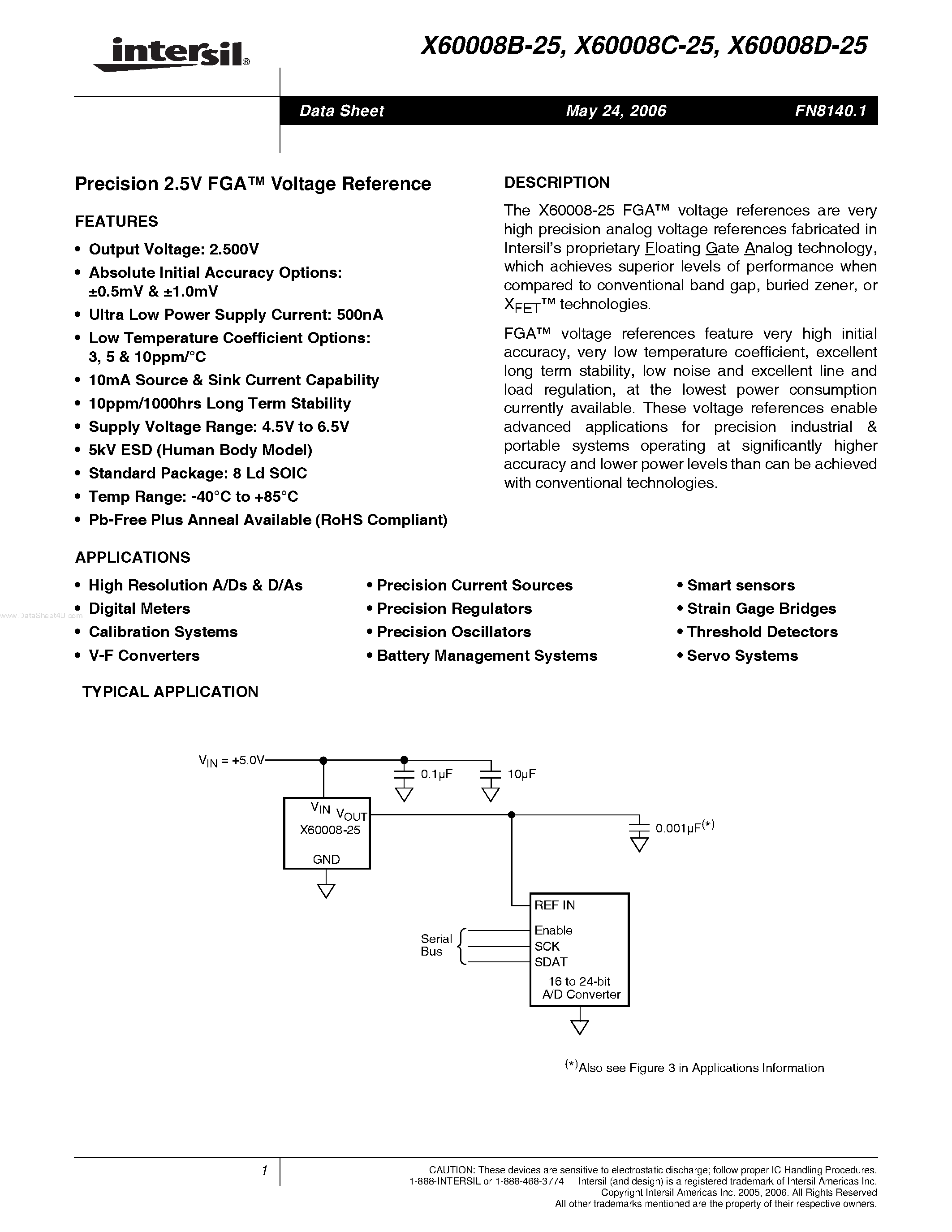 Даташит X60008B-25 - (X60008x-25) Precision 2.5V FGA Voltage Reference страница 1