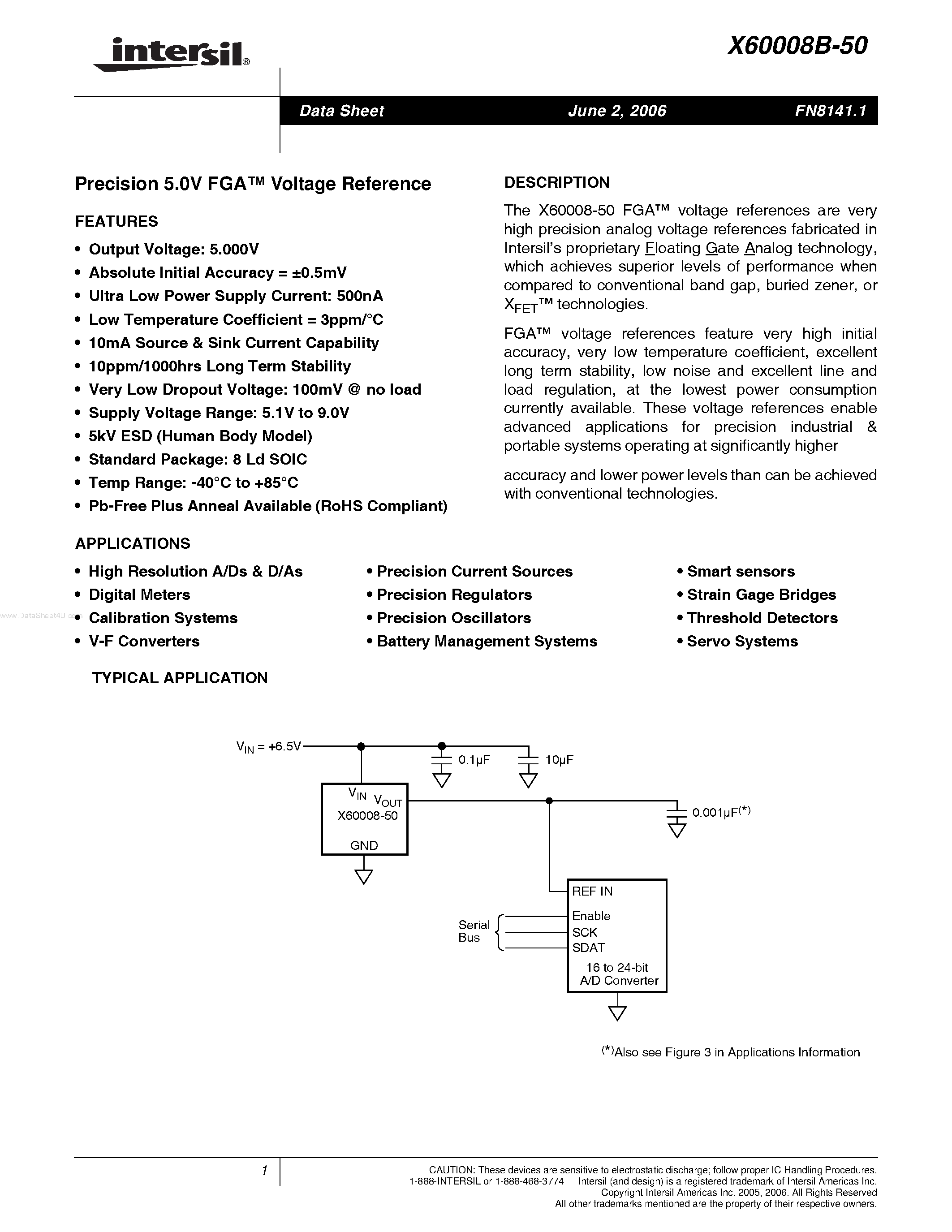 Datasheet X60008B-50 - Precision 5.0V FGA Voltage Reference page 1