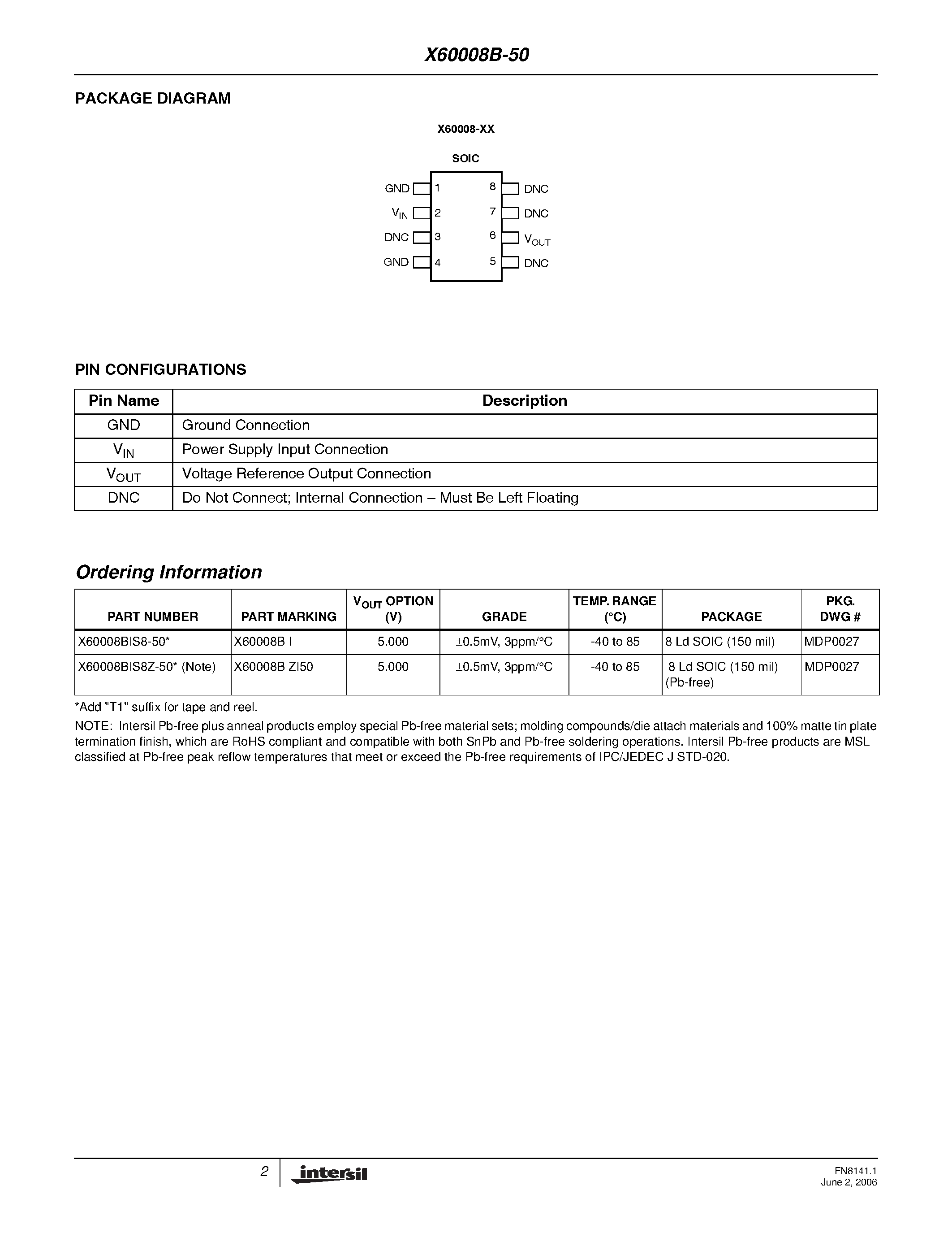 Datasheet X60008B-50 - Precision 5.0V FGA Voltage Reference page 2