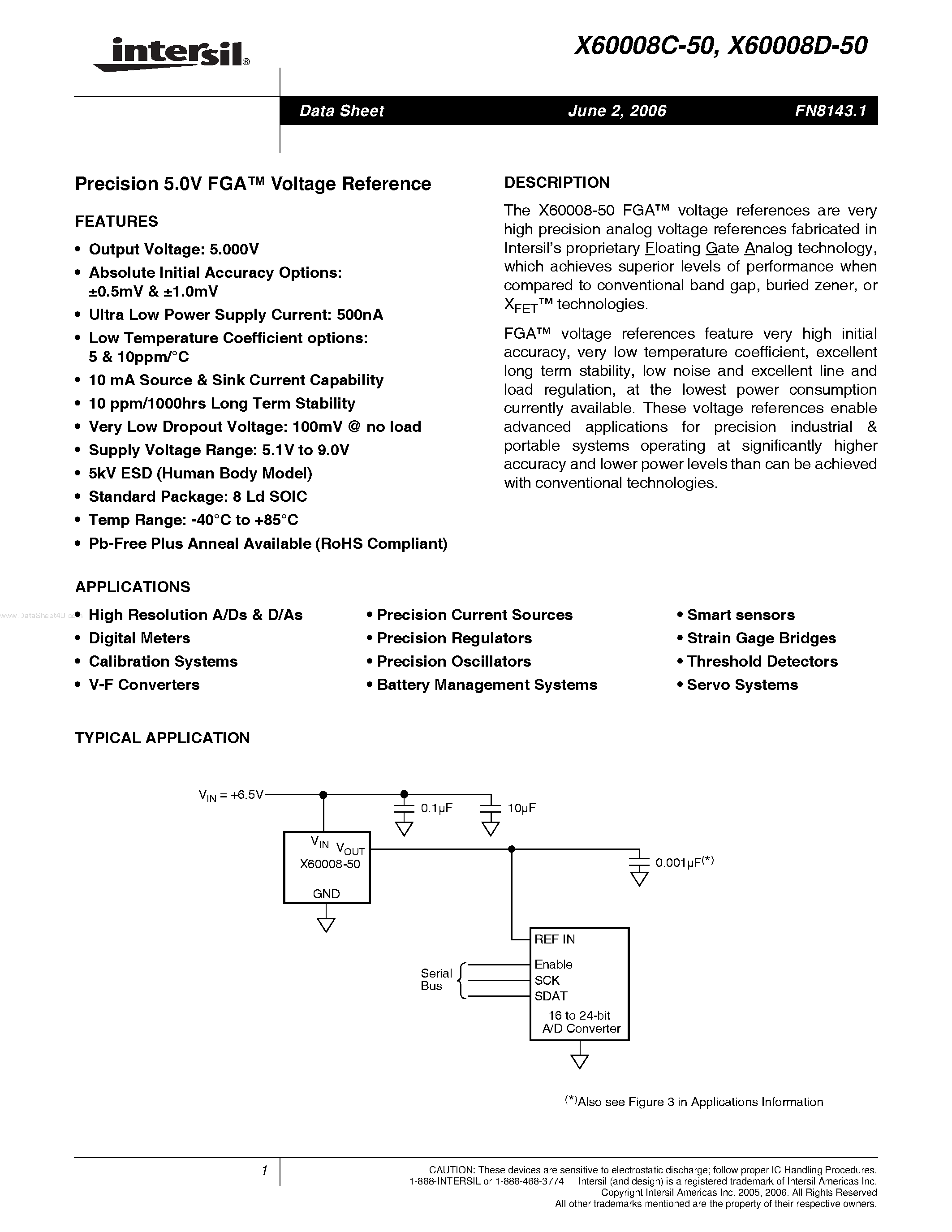 Datasheet X60008C-50 - (X60008x-50) Precision 5.0V FGA Voltage Reference page 1