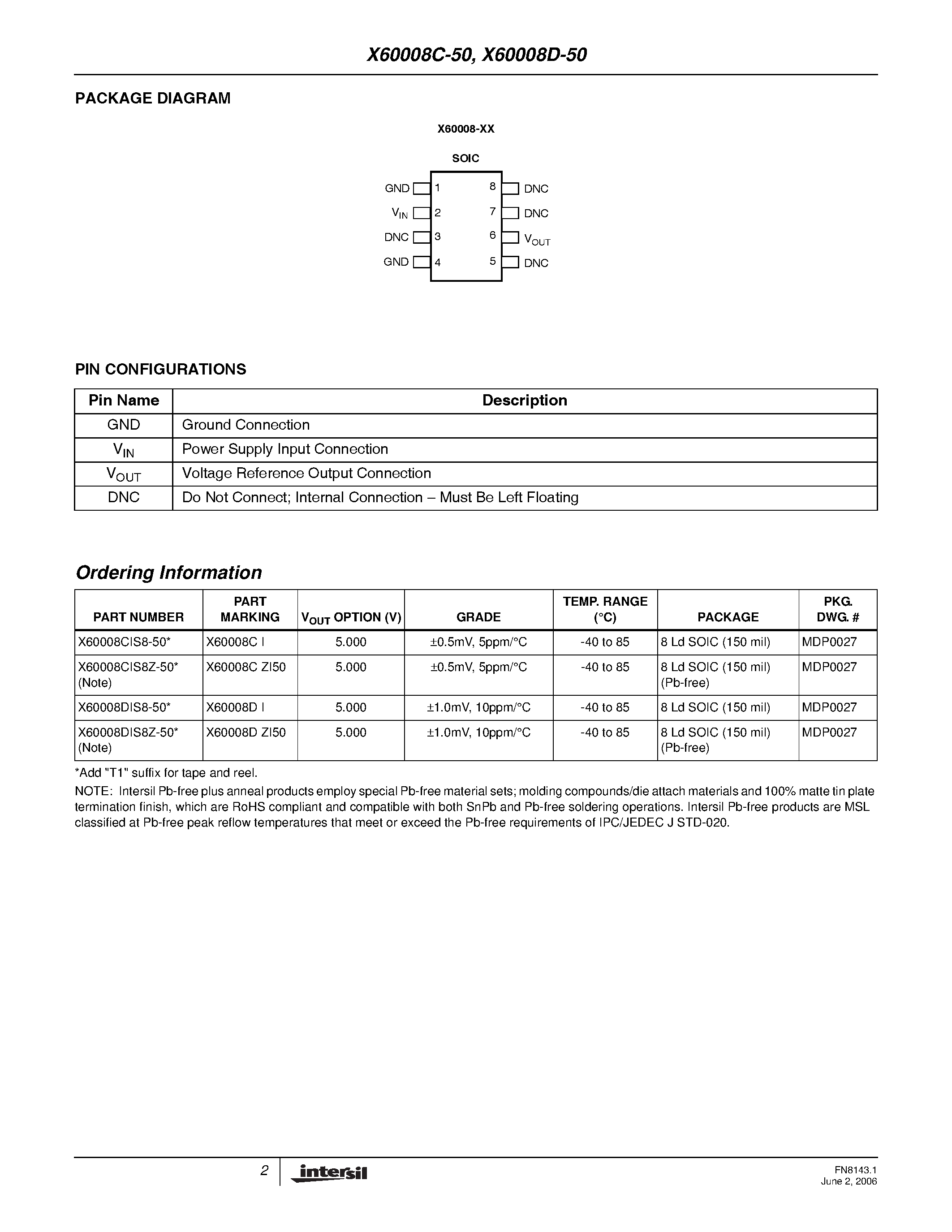 Datasheet X60008C-50 - (X60008x-50) Precision 5.0V FGA Voltage Reference page 2