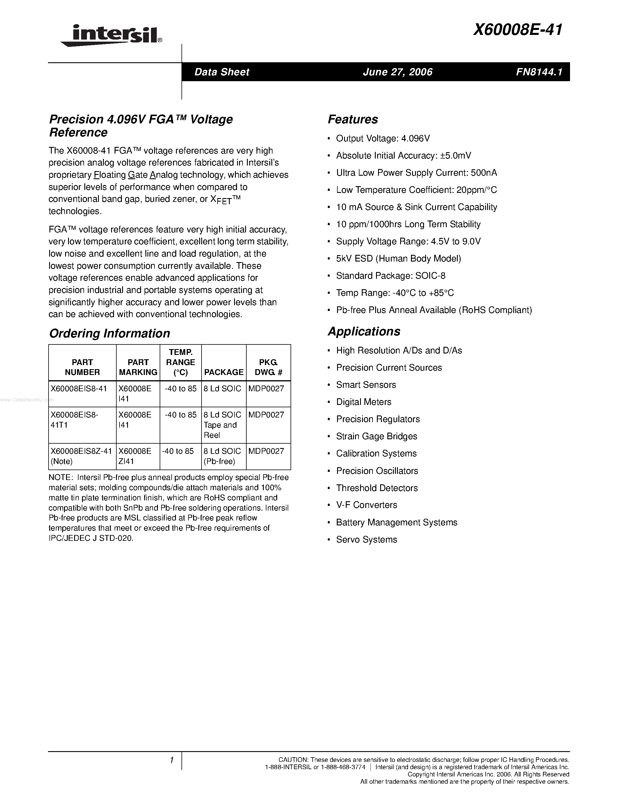 Datasheet X60008E-41 - Precision 4.096V FGA Voltage page 1