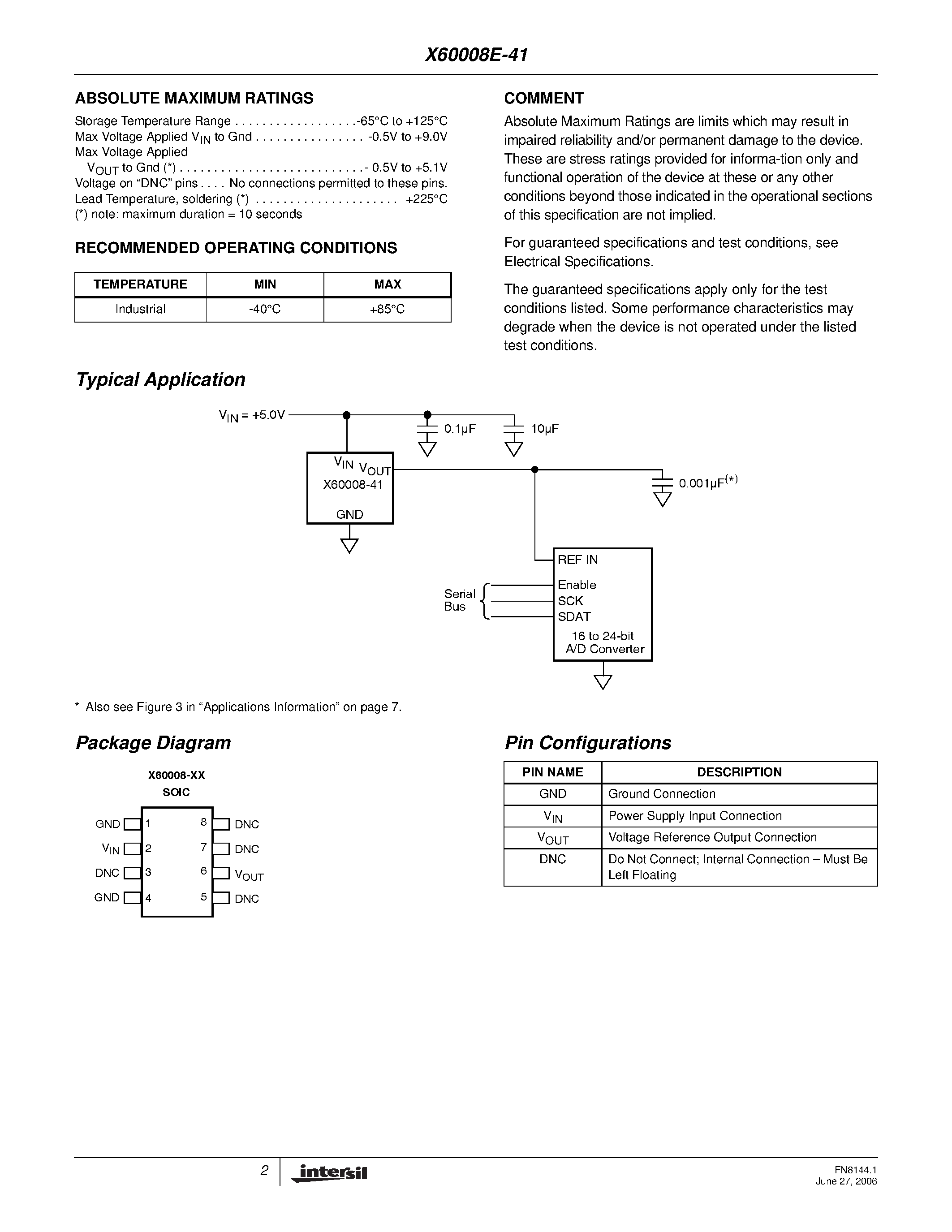 Datasheet X60008E-41 - Precision 4.096V FGA Voltage page 2