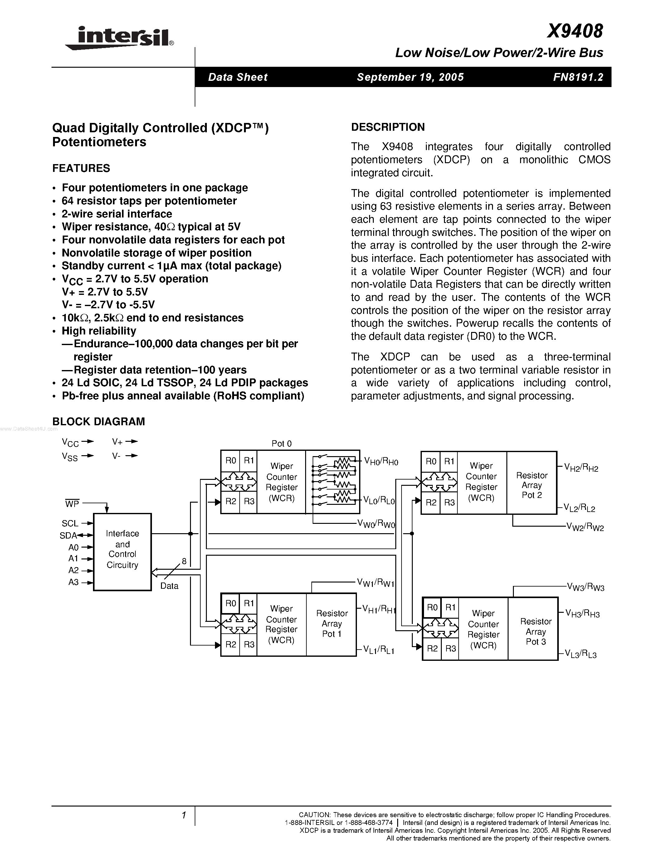 Даташит X9408 - Low Noise/Low Power/2-Wire Bus страница 1